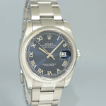 MINT Rolex DateJust 36 116200 Blue Roman Oyster Steel 36mm Watch Box