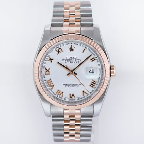 PAPERS MINT Rolex DateJust Jubilee Two Tone Steel 36mm 116231 Rose Gold White Roman Watch