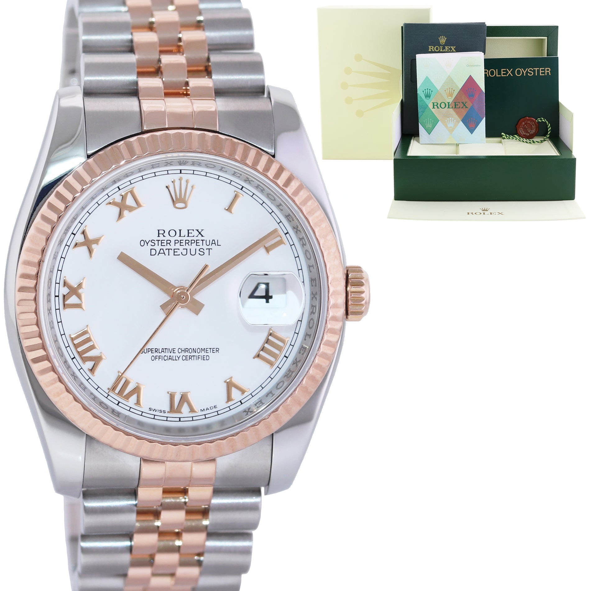 PAPERS MINT Rolex DateJust Jubilee Two Tone Steel 36mm 116231 Rose Gold White Roman Watch