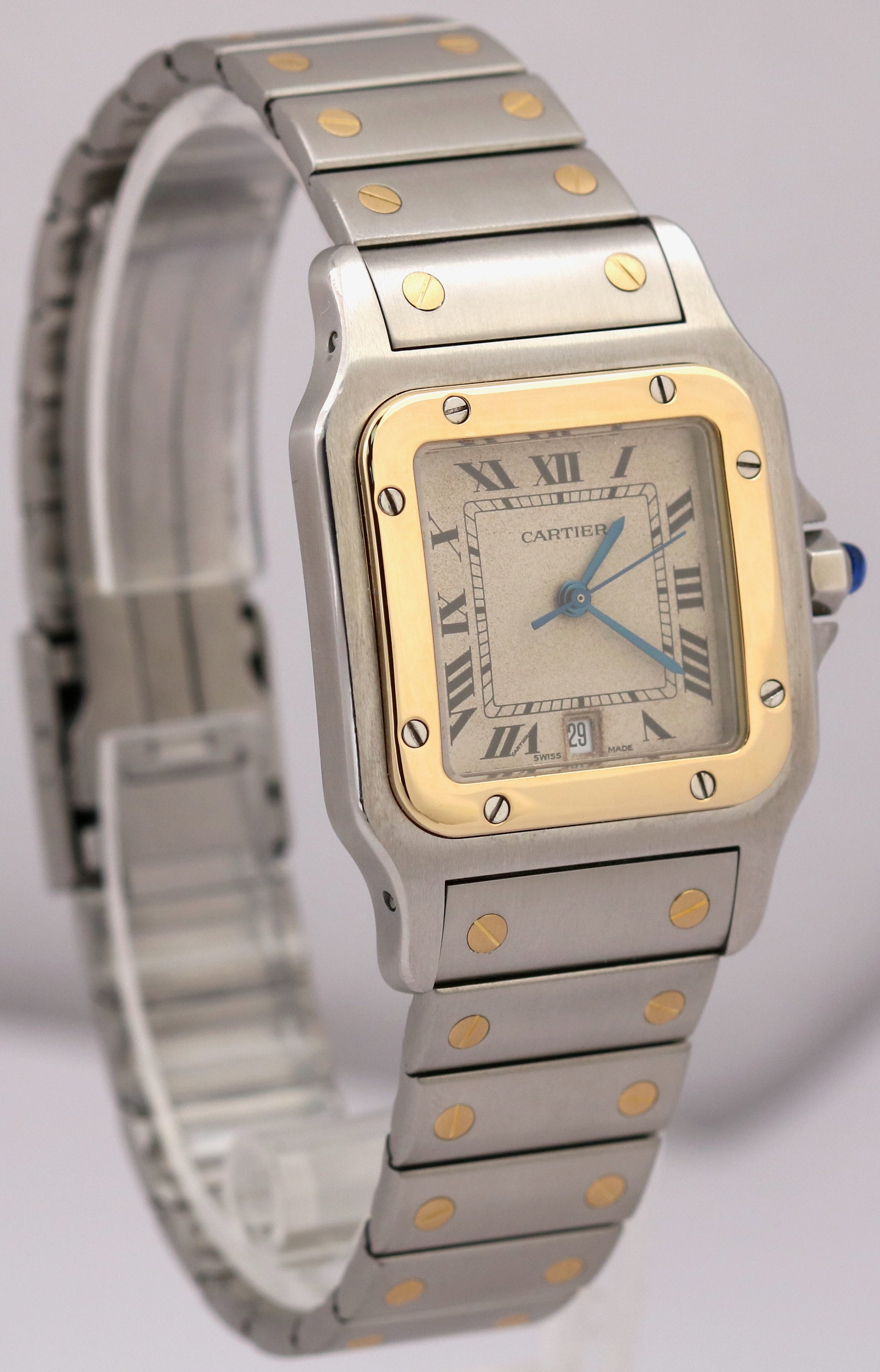 MINT Ladies Cartier Santos 29mm Patina Roman 18K Yellow Gold Steel Quartz 187901