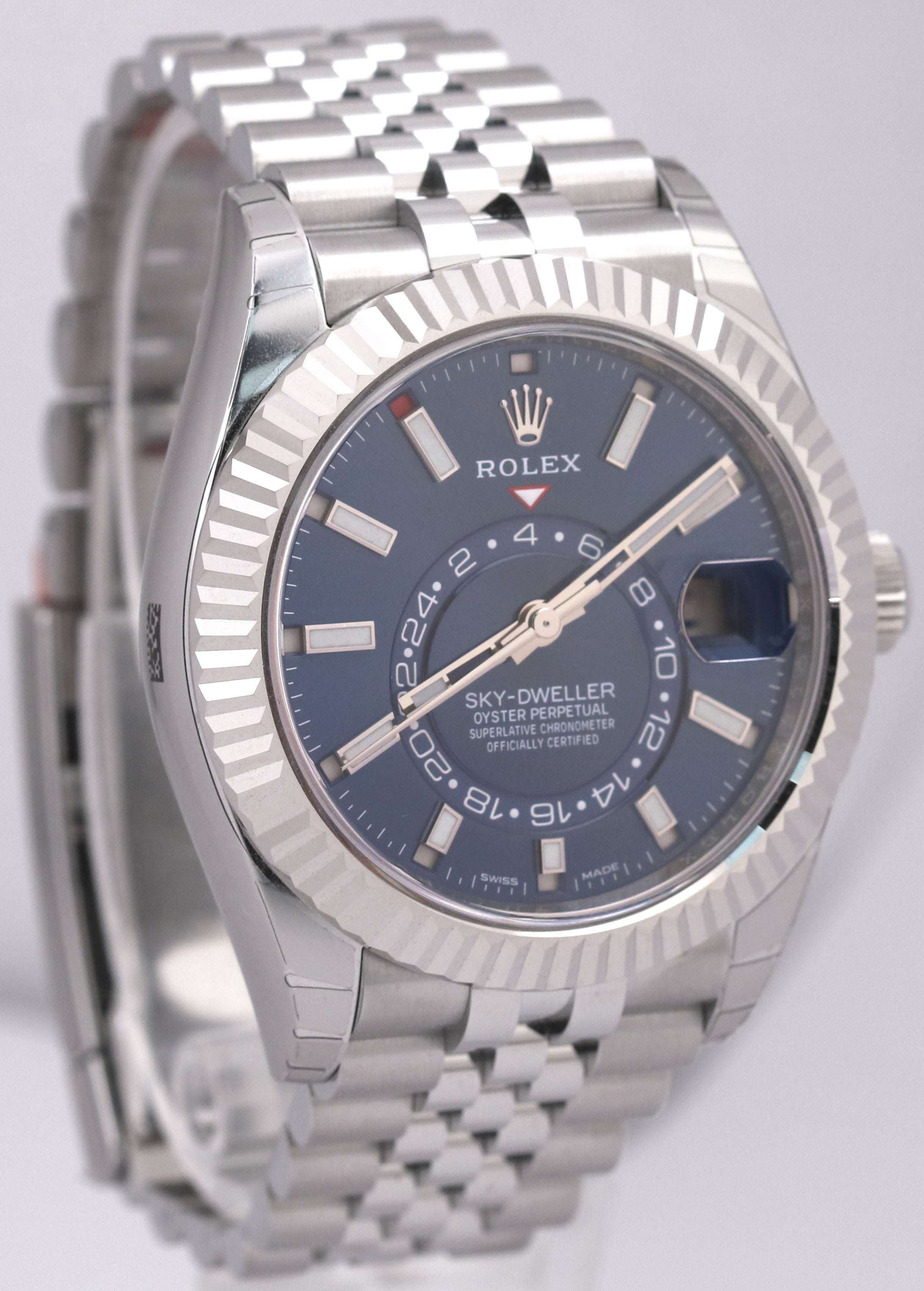 STICKERED NEW PAPERS Rolex Sky-Dweller BLUE 18K Steel 42mm JUBILEE 326934 BOX