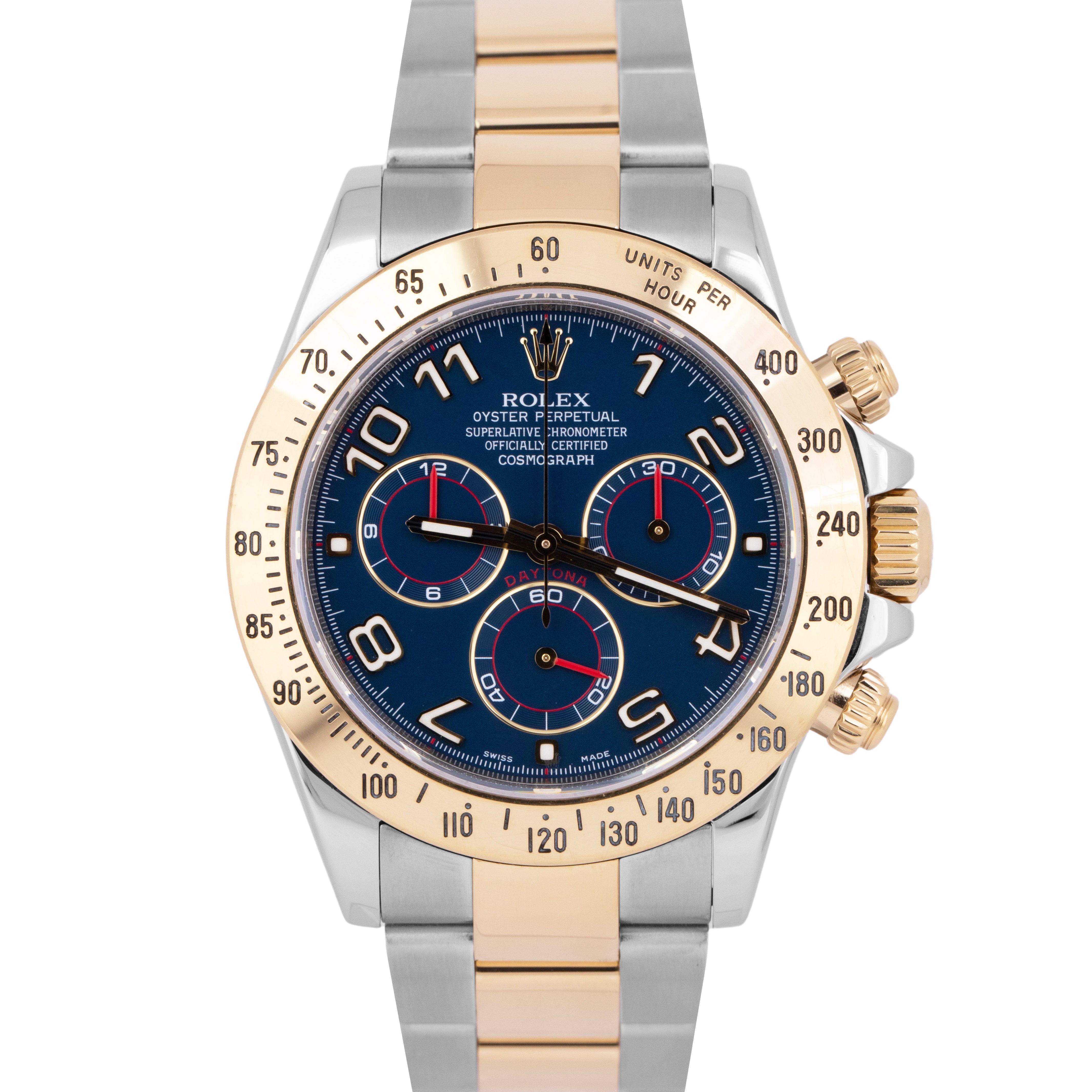 PAPERS Rolex Daytona Cosmograph 40mm BLUE RACING Two-Tone 18K Watch 116523 B+P