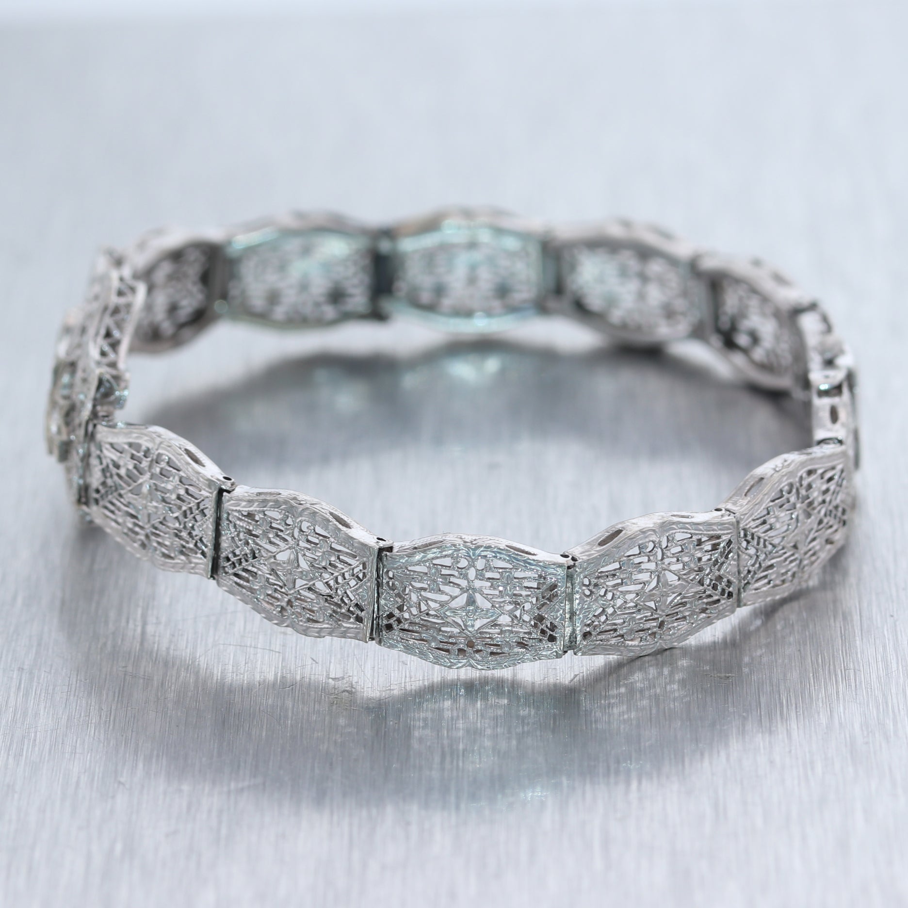 1930 Antique Art Deco 10k White Gold .35ctw & Diamond Filigree Bracelet