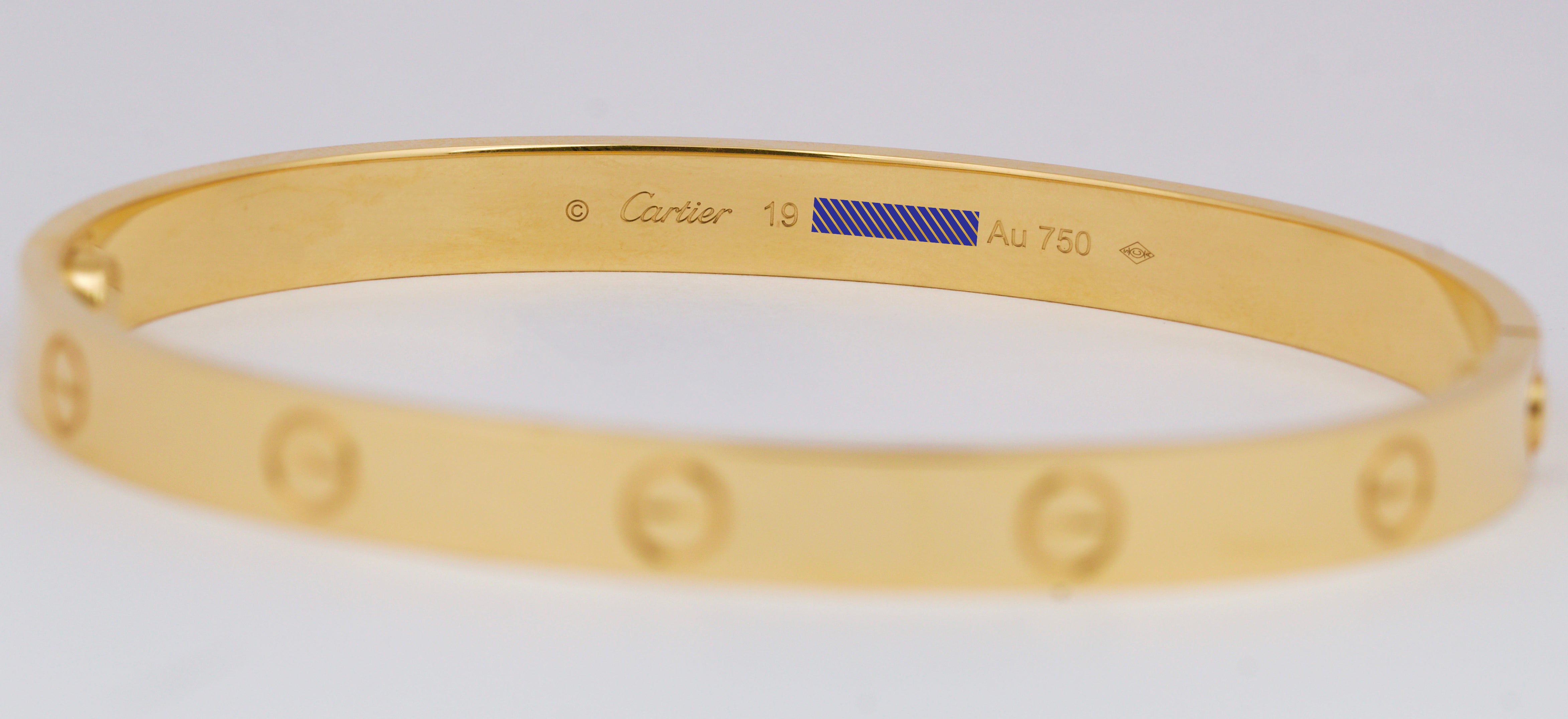 NEW 2023 PAPERS Cartier LOVE Bracelet Solid 18K Yellow Gold Size 19 AU 750 BOX