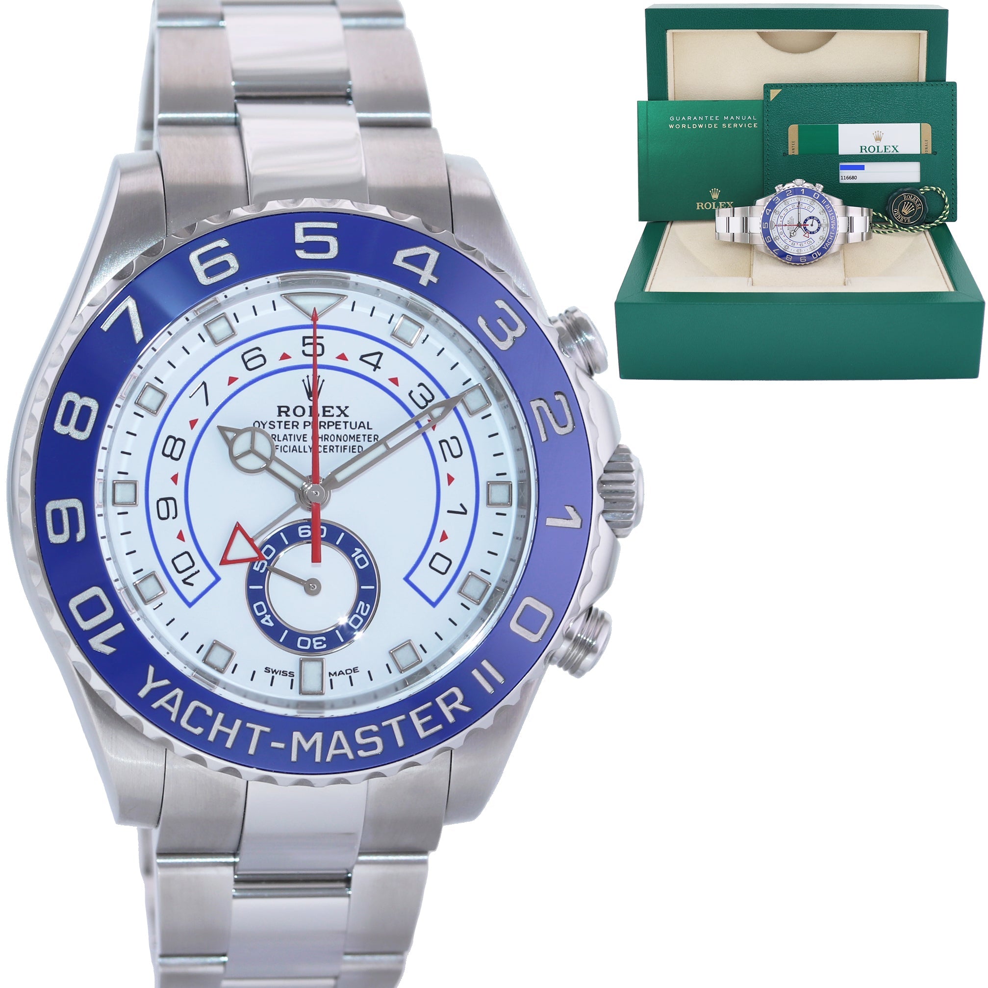 MINT PAPERS Rolex Yacht-Master II 2 NEW MERCEDES HANDS Steel Blue 116680 Watch