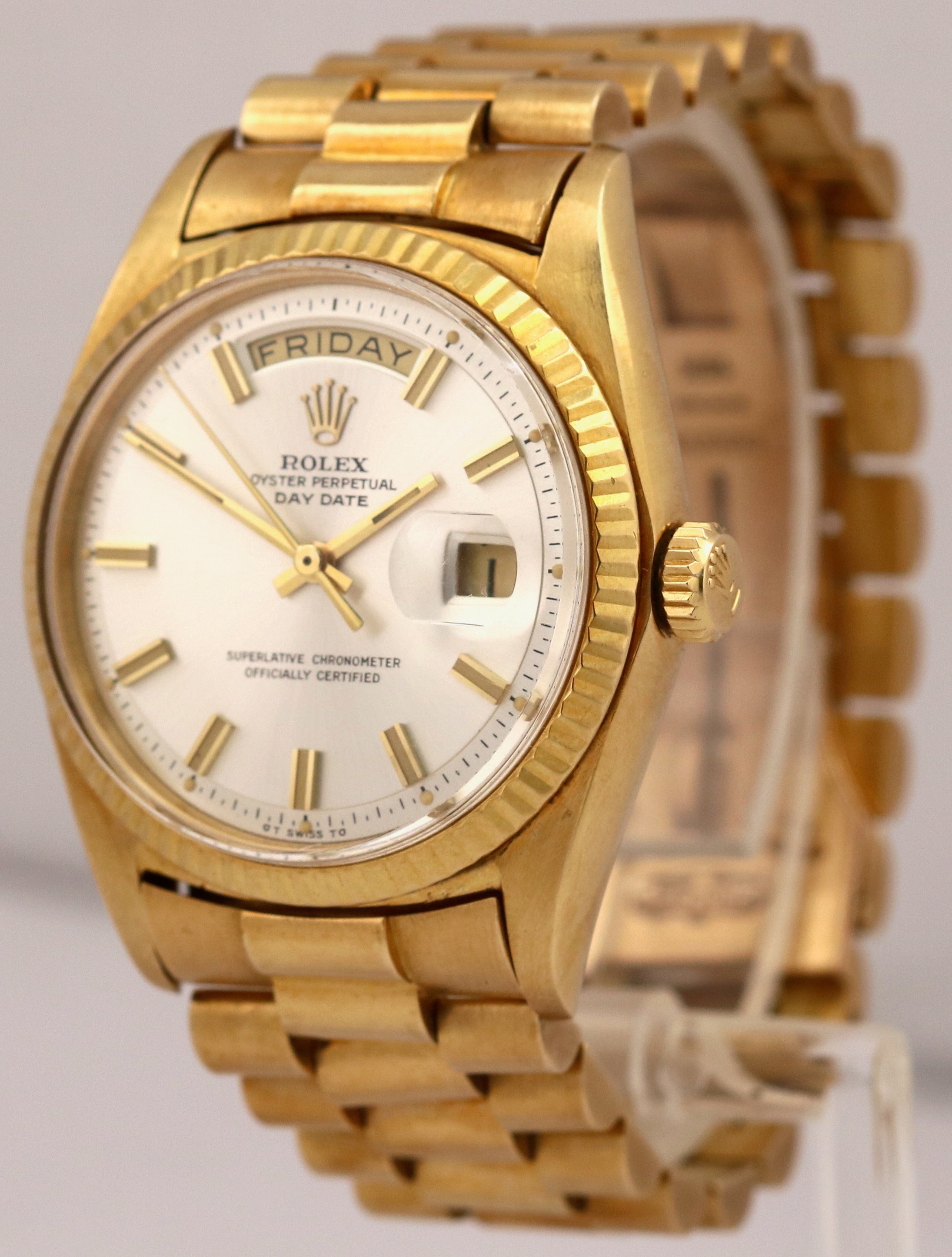 VINTAGE 1969 Rolex Day-Date WIDE BOY DIAL 18K Yellow Gold SILVER 36mm 1803 Watch