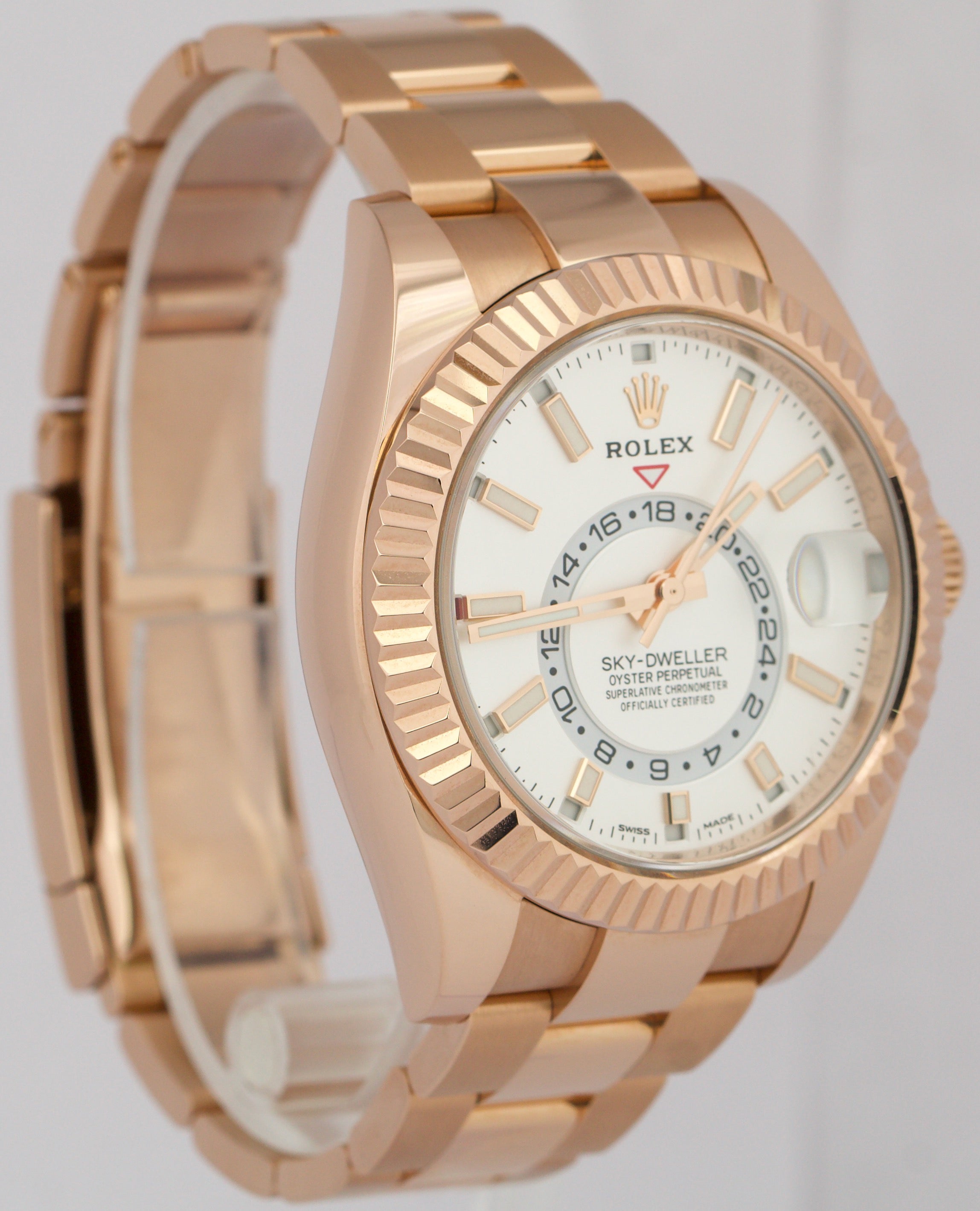 2023 Rolex Sky-Dweller 18K Rose Gold WHITE Oyster Fluted Everose 42mm 326935 BOX