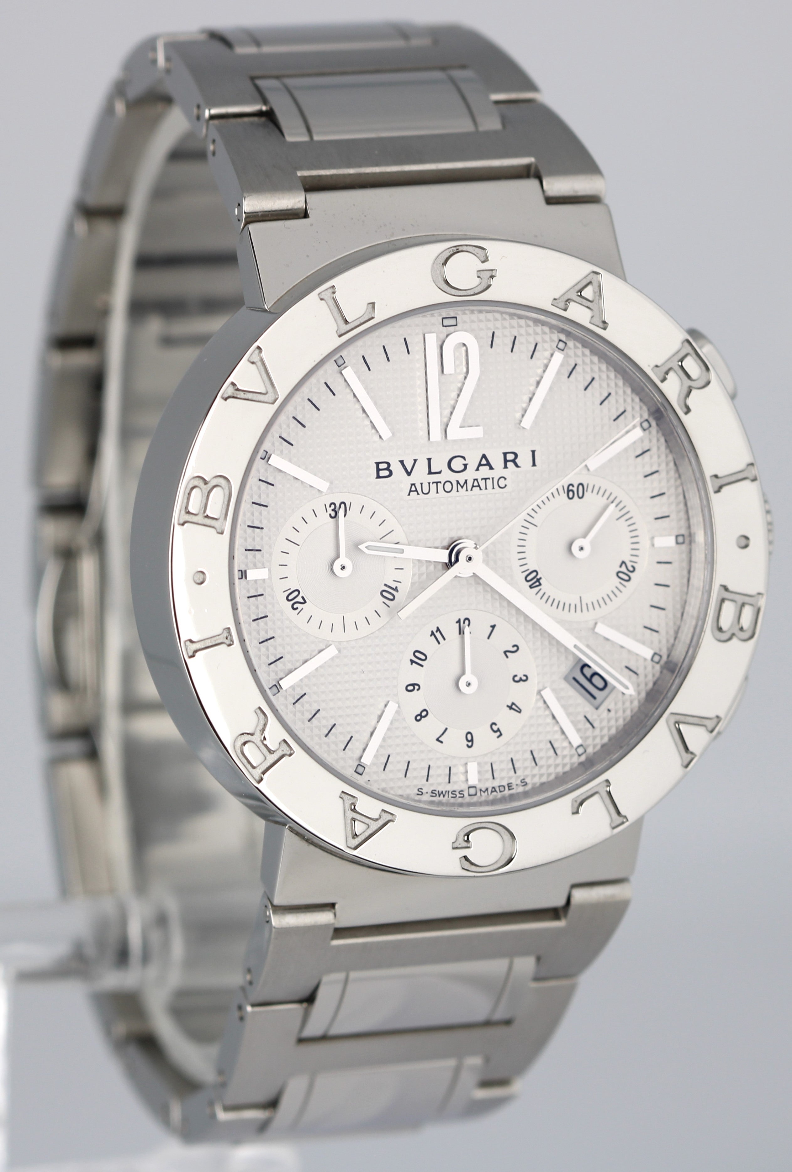 MINT Bulgari Chronograph 38mm BB38SSCH Date Stainless Automatic Silver Watch