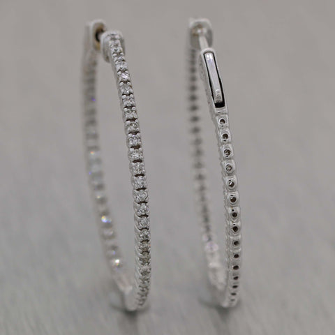 Modern Thin 14k White Gold 1.23ctw Diamond In & Out Hoop Earrings