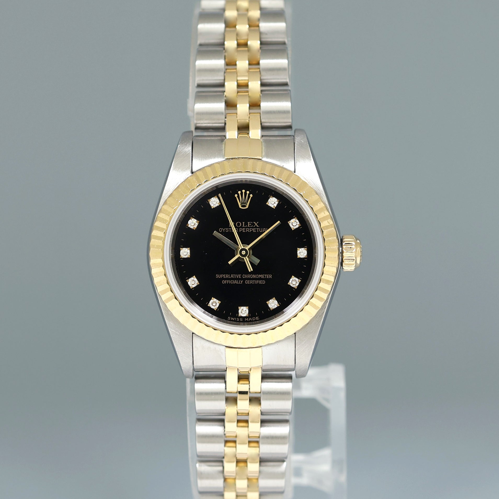 2003 PAPERS Ladies Rolex 24mm Black Diamond 76193 Two Tone Gold Jubilee Watch