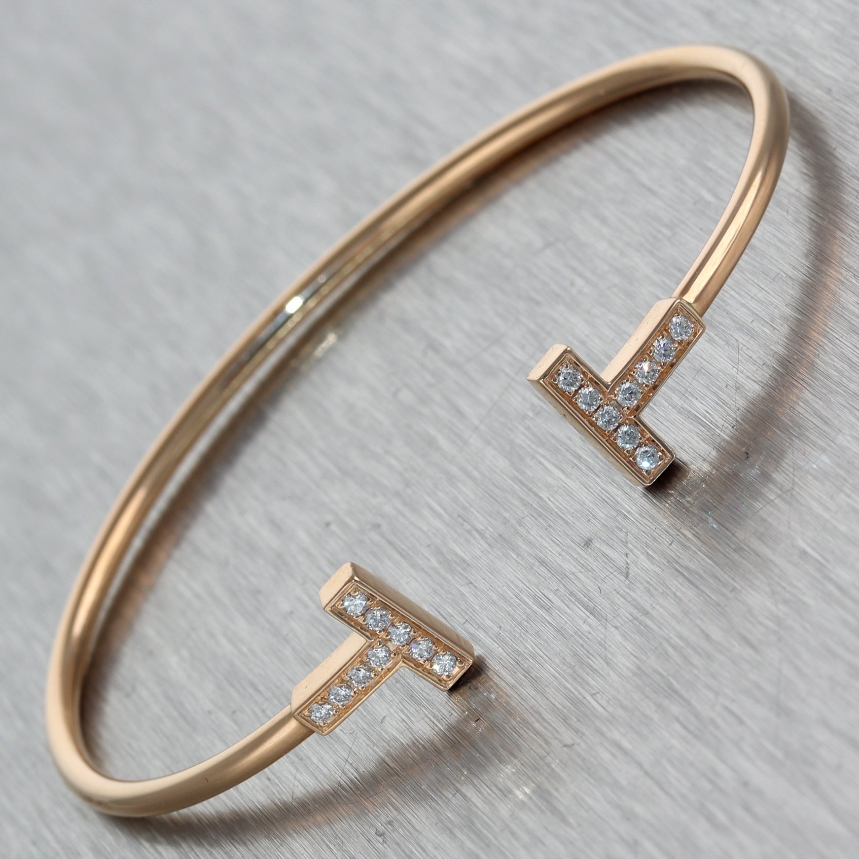 Tiffany & Co. 18k Rose Gold 0.22ctw Diamond Wire "T" Bangle Bracelet