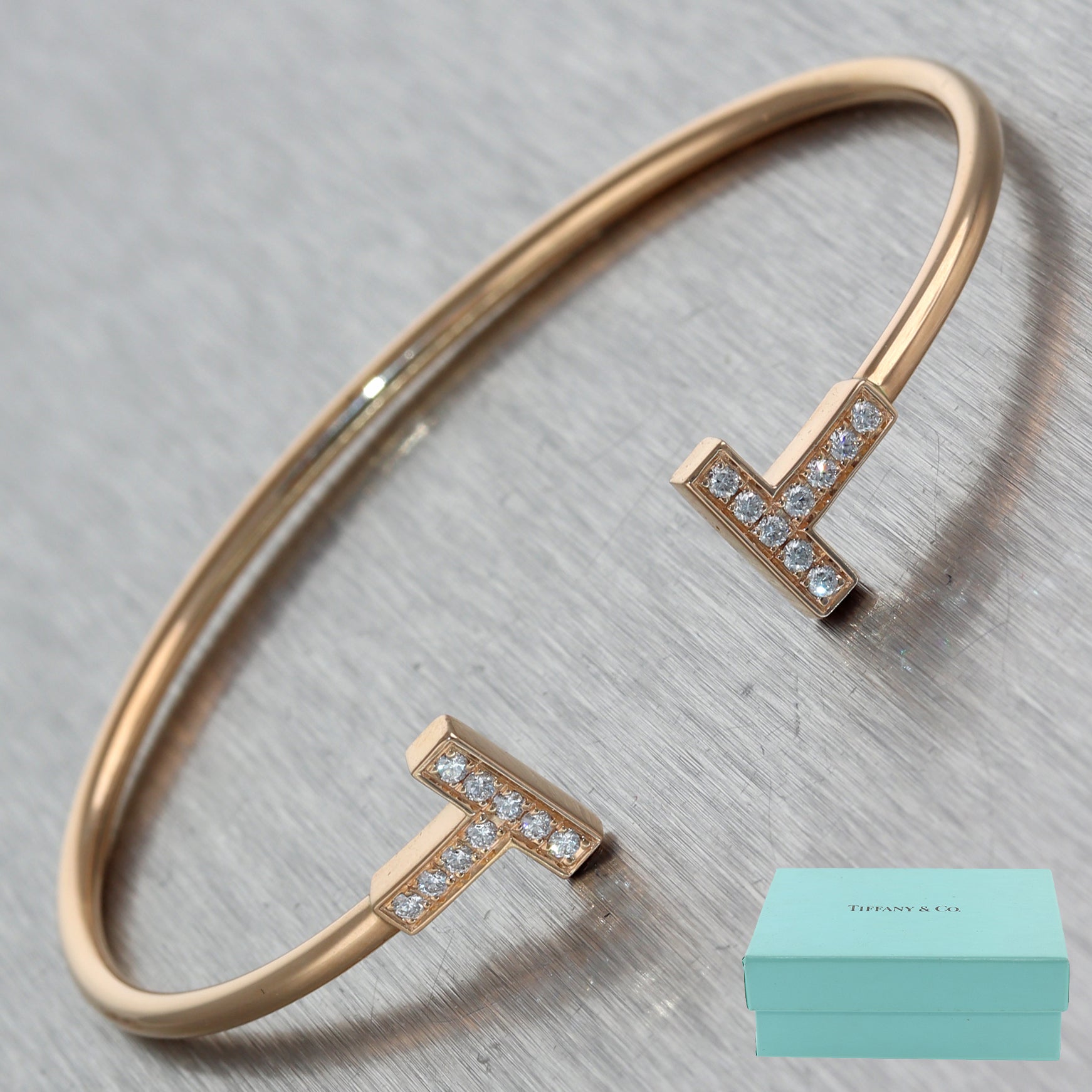 Tiffany & Co. 18k Rose Gold 0.22ctw Diamond Wire "T" Bangle Bracelet
