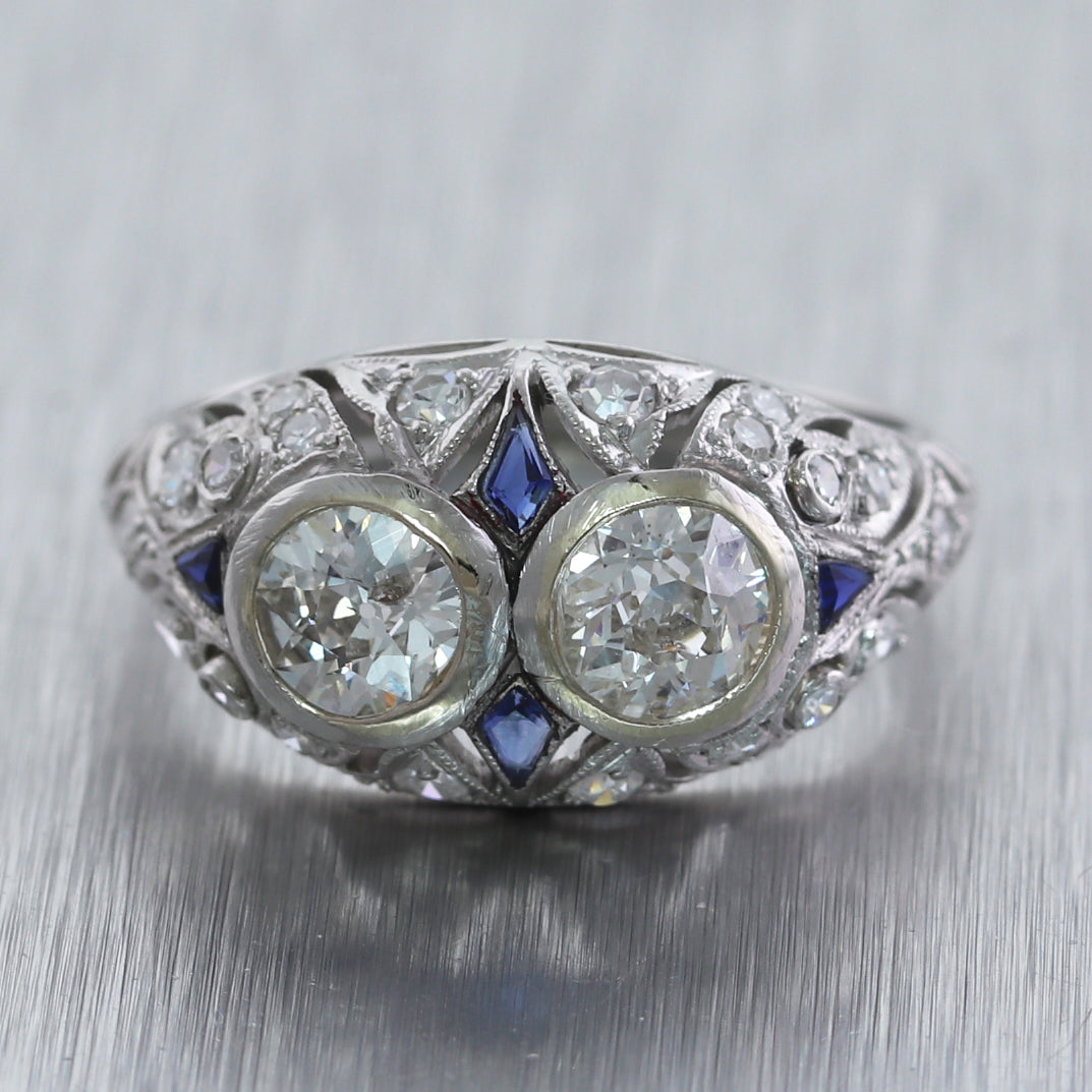 1920's Antique Art Deco Platinum 1.51ctw Diamond & Sapphire Ring