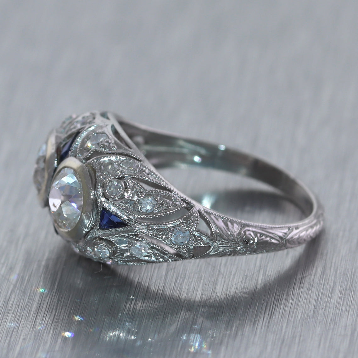 1920's Antique Art Deco Platinum 1.51ctw Diamond & Sapphire Ring