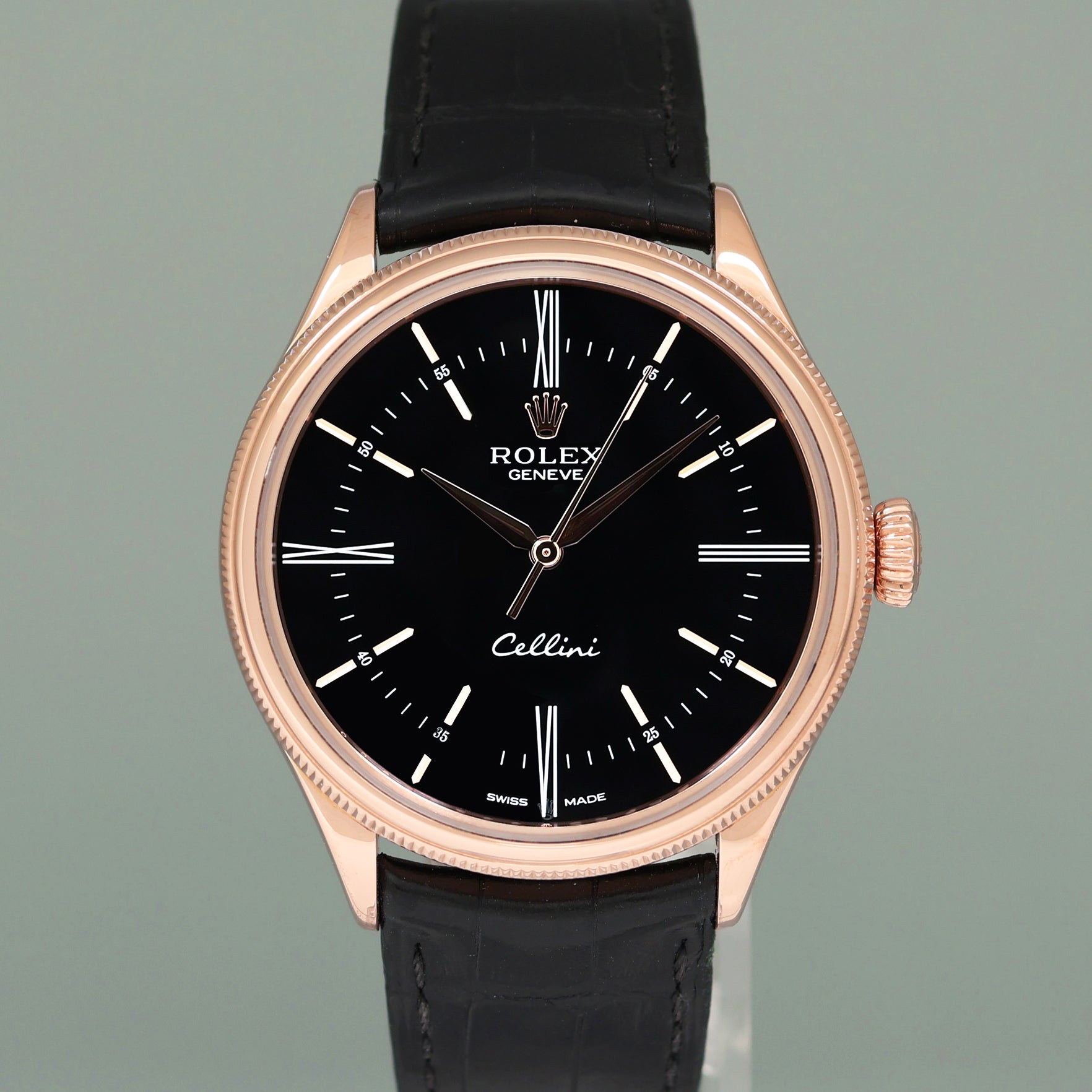 PAPERS Rolex Cellini Black Dial Rose Gold 39mm Leather 50505 Watch Box