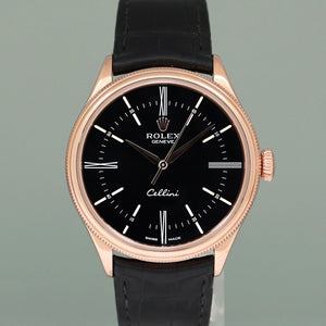 PAPERS Rolex Cellini Black Dial Rose Gold 39mm Leather 50505 Watch Box