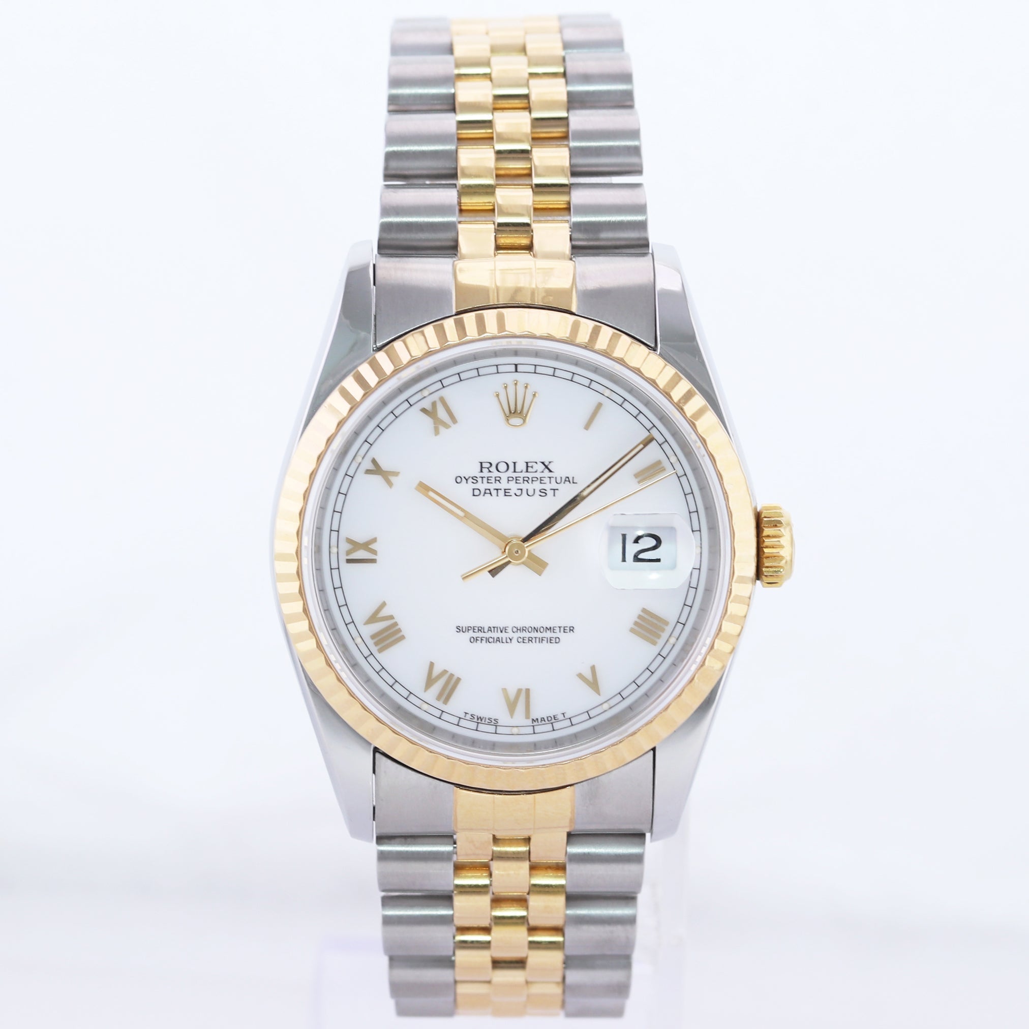 Rolex DateJust 36mm WHITE ROMAN 16233 Two Tone 18k Gold Steel Jubilee Watch Box