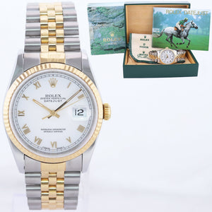 Rolex DateJust 36mm WHITE ROMAN 16233 Two Tone 18k Gold Steel Jubilee Watch Box