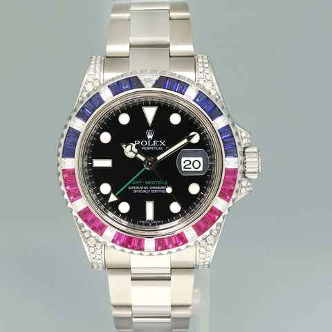 2015 MINT Diamond Ruby & Sapphire Rolex GMT Master II 116710 Steel 40mm Black Watch