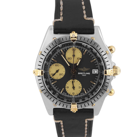 Breitling Chronomat Two-Tone 18k Gold Steel Black 39mm Leather B13047 Watch