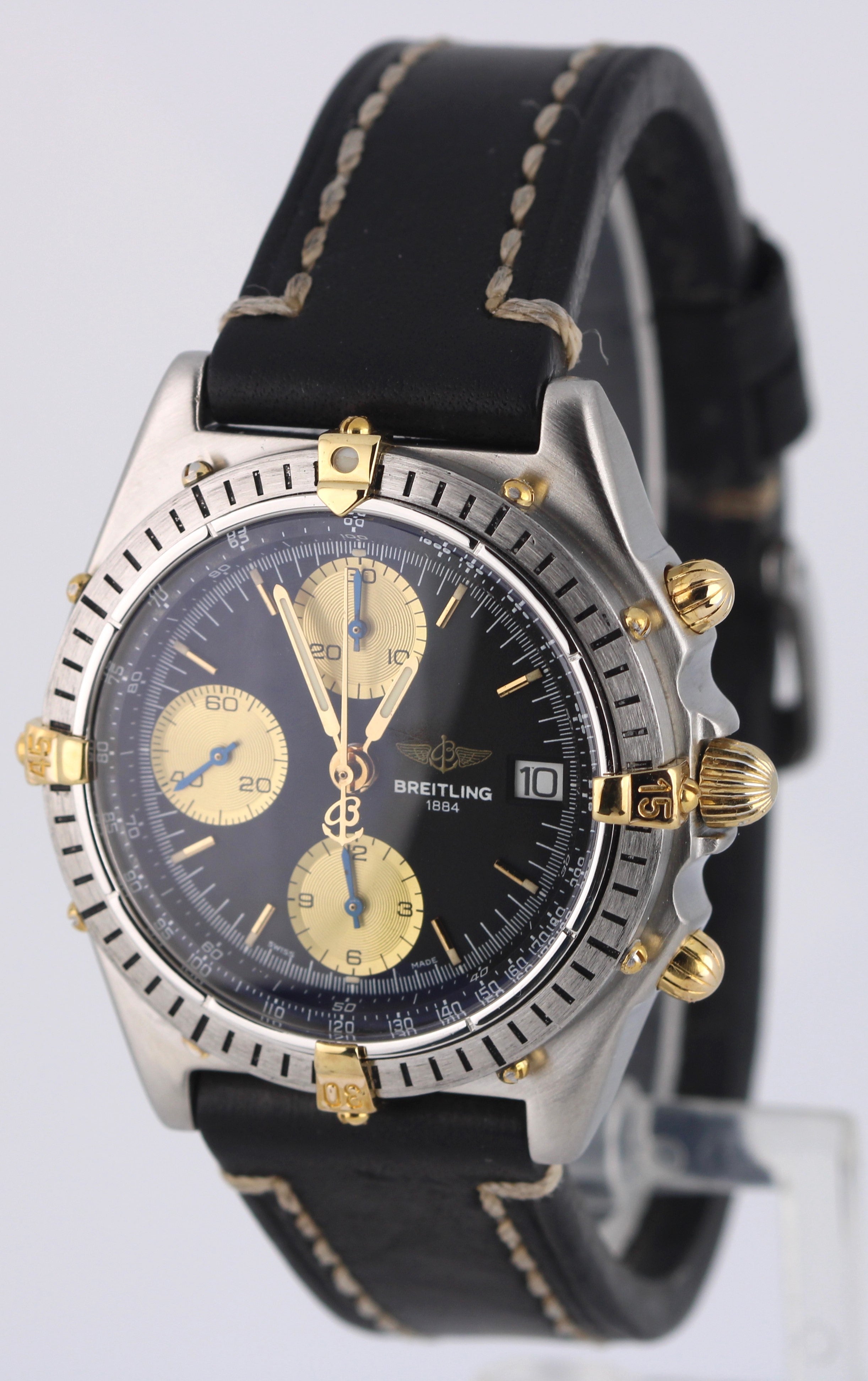 Breitling Chronomat Two-Tone 18k Gold Steel Black 39mm Leather B13047 Watch