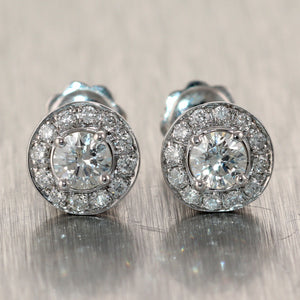 Modern 14k White Gold 1.30ctw Halo Diamond Stud Earrings