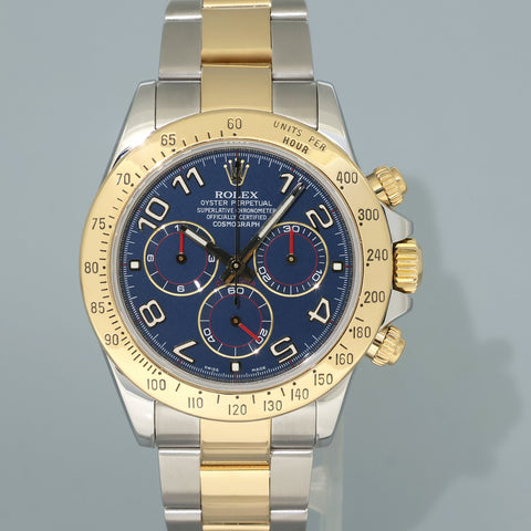 2010 MINT Rolex Daytona 116523 Blue Arabic Red Steel Yellow Gold Two Tone Watch