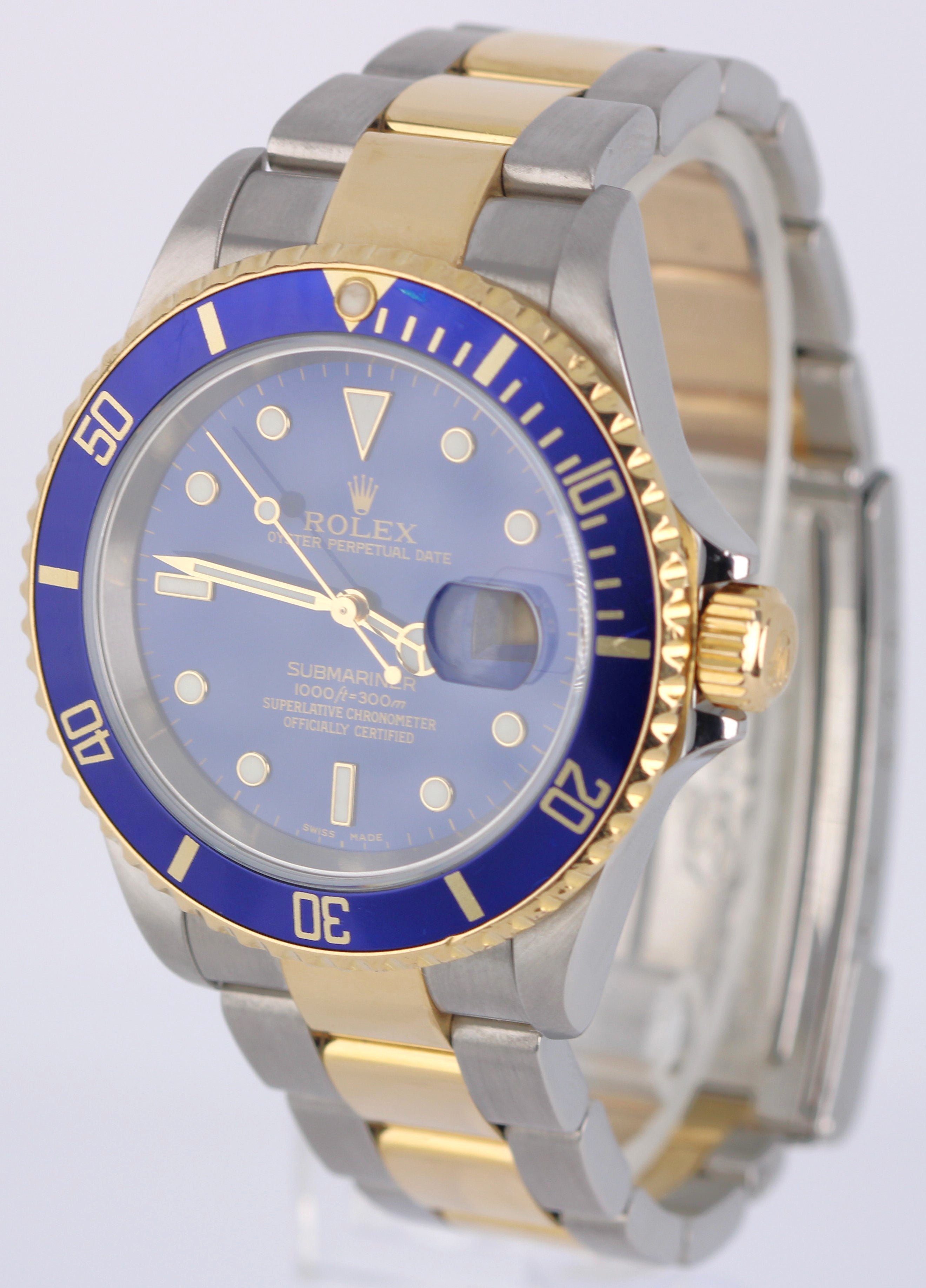 Rolex Submariner Date NO HOLES Two-Tone 18K Blue 40mm GOLD BUCKLE 16613 Watch