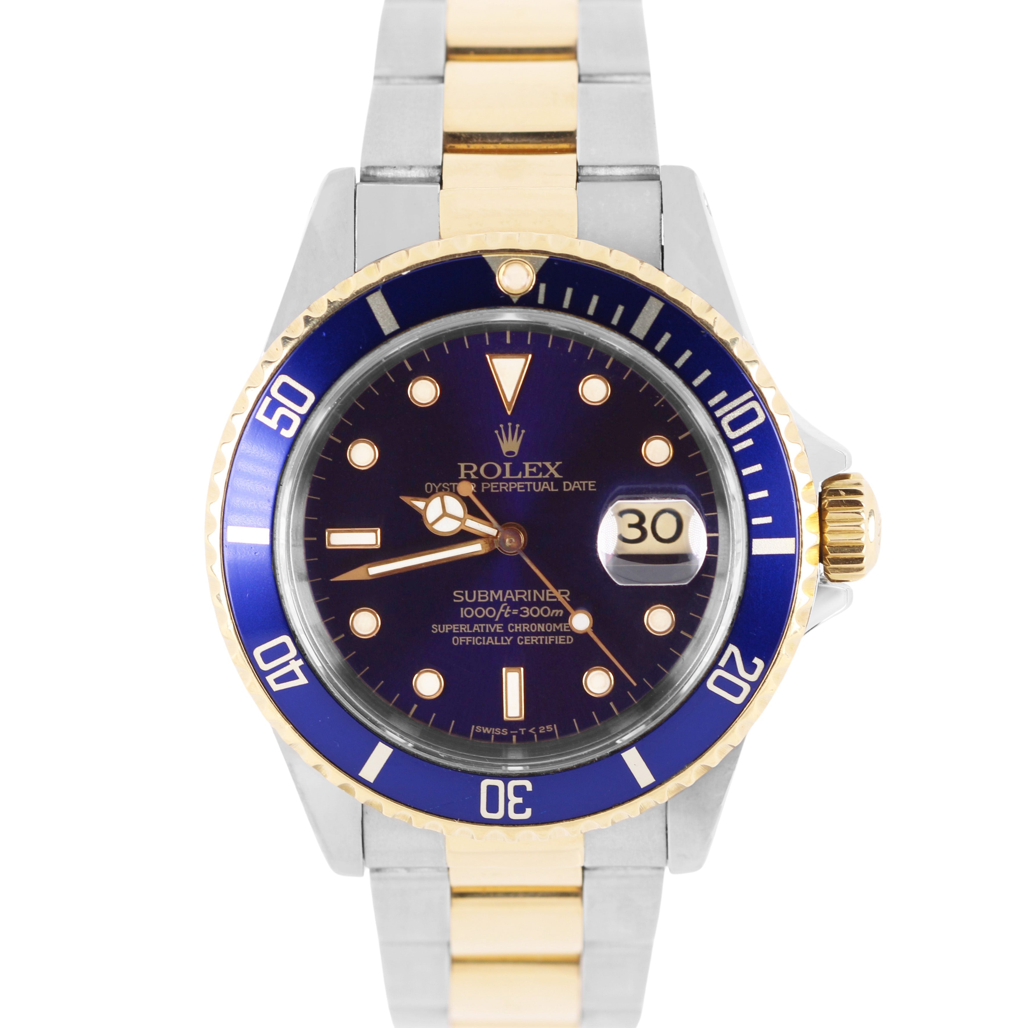 Rolex Submariner Date Two-Tone 18k Gold Blue Purple Patina 40mm 16613 Watch