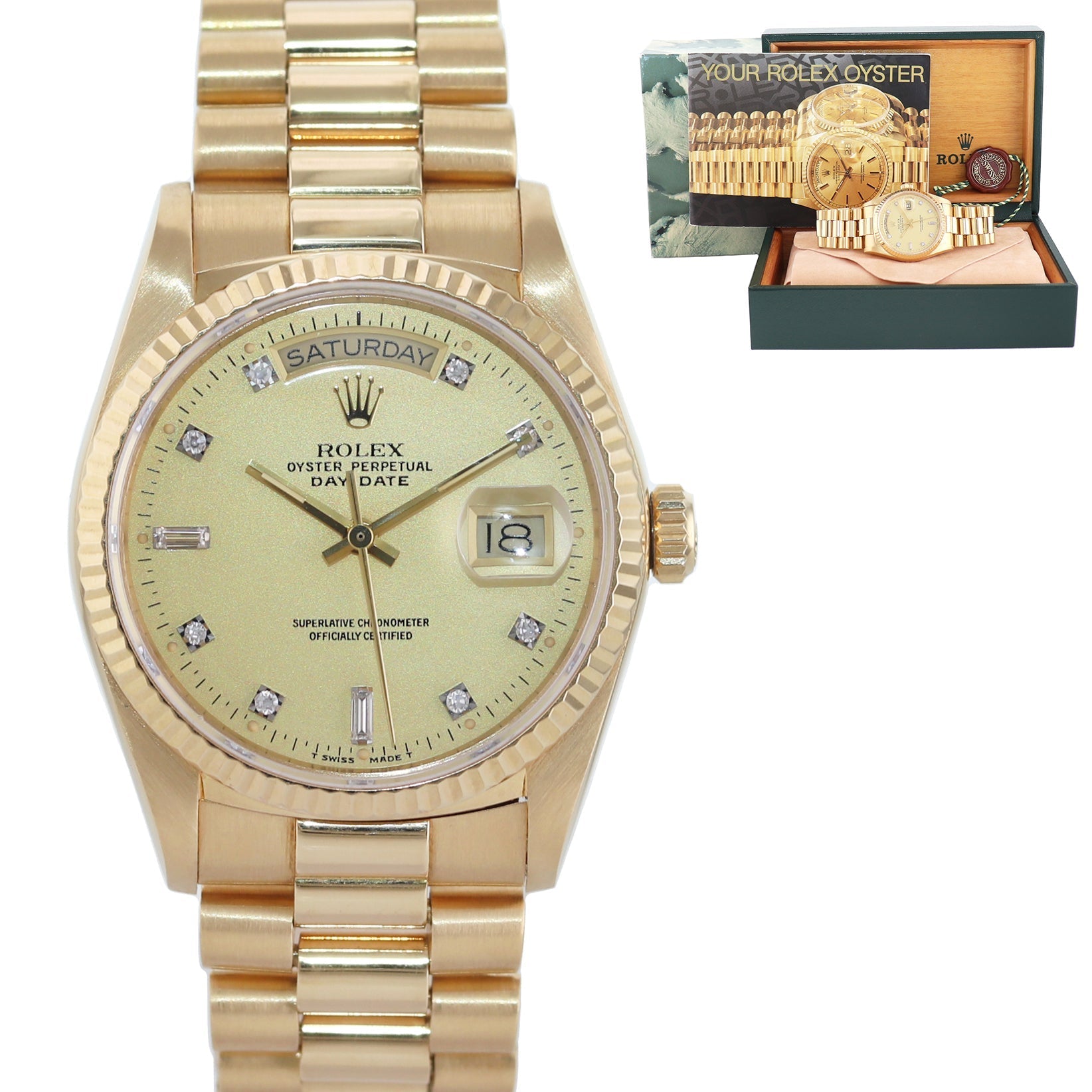 MINT Rolex President Day Date Champagne Diamond 18038 Quick Set Yellow Gold Watch