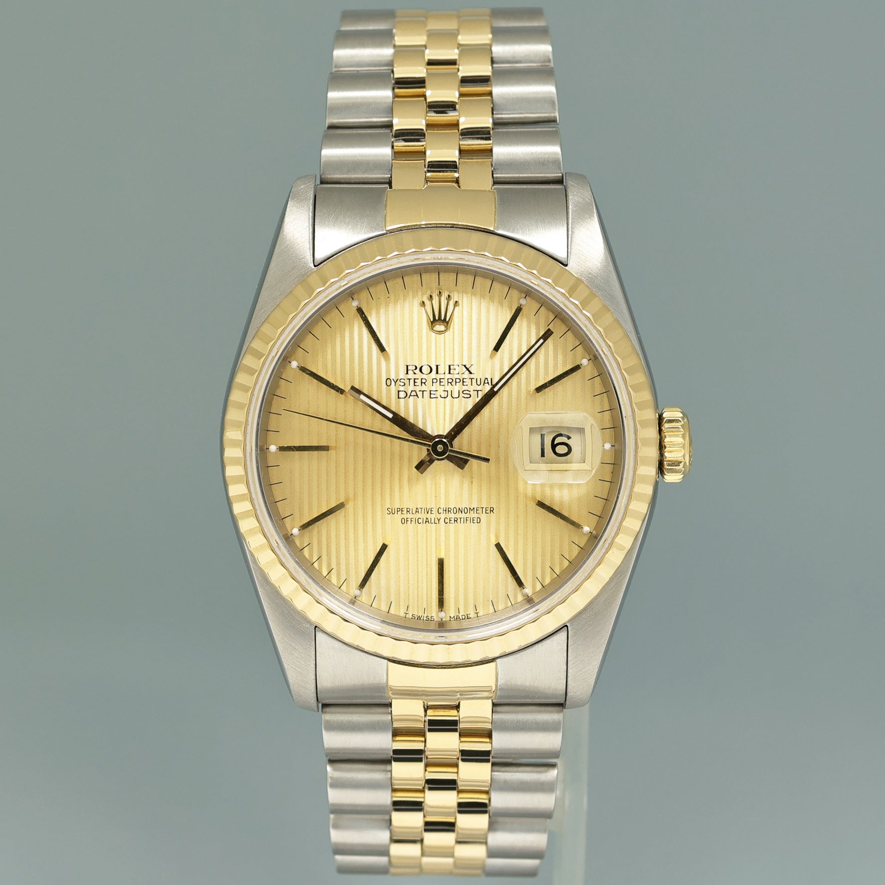 PAPERS Rolex DateJust 16233 Two Tone Yellow Gold Jubilee Champagne Tapestry Watch