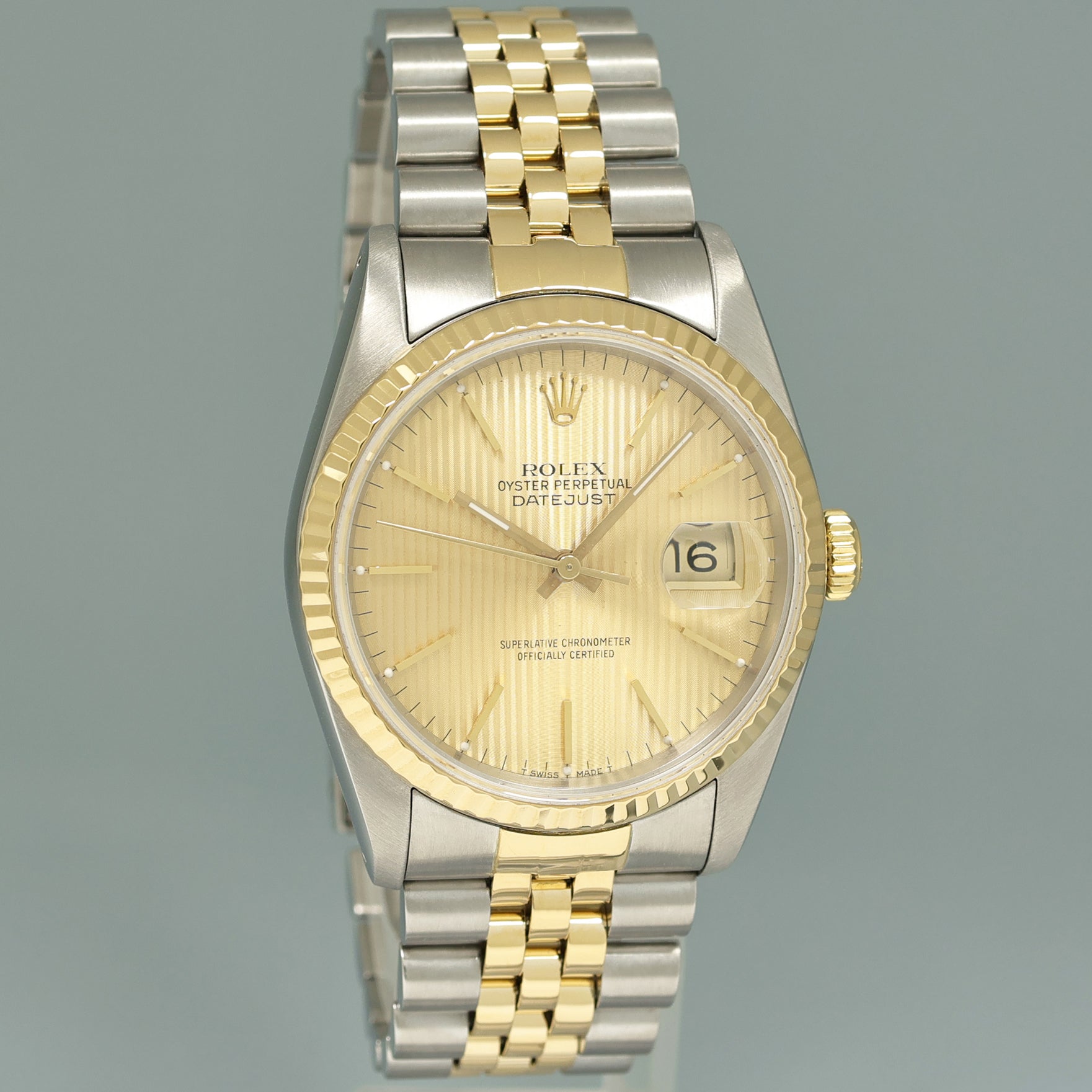 PAPERS Rolex DateJust 16233 Two Tone Yellow Gold Jubilee Champagne Tapestry Watch