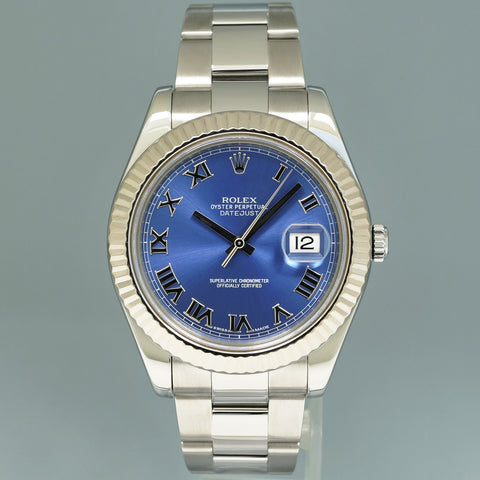 2015 MINT Rolex DateJust II 2 Azzurro Blue Roman 41mm White Gold Fluted 116334 Watch