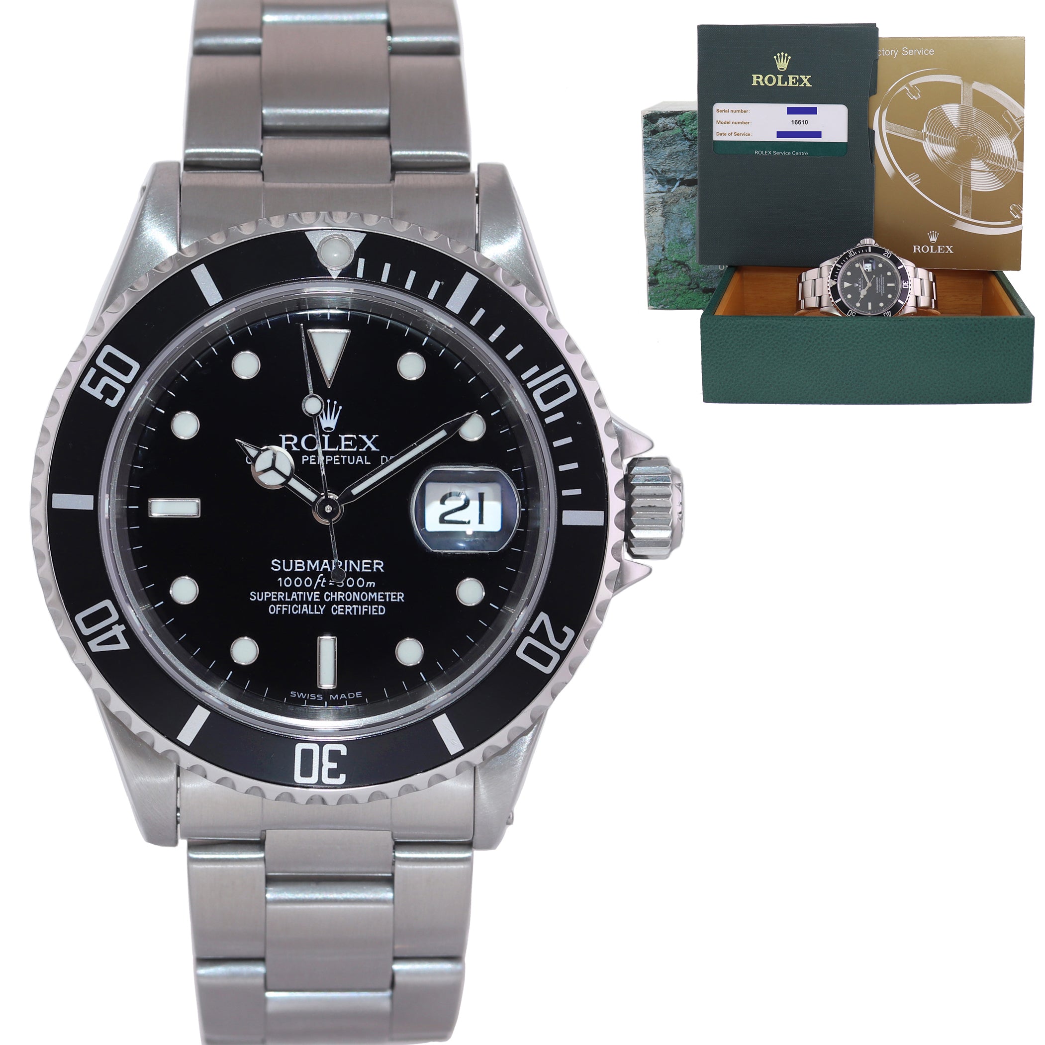 MINT 2016 SERVICE Papers Rolex Submariner 16610 Steel Black 40mm Watch Box