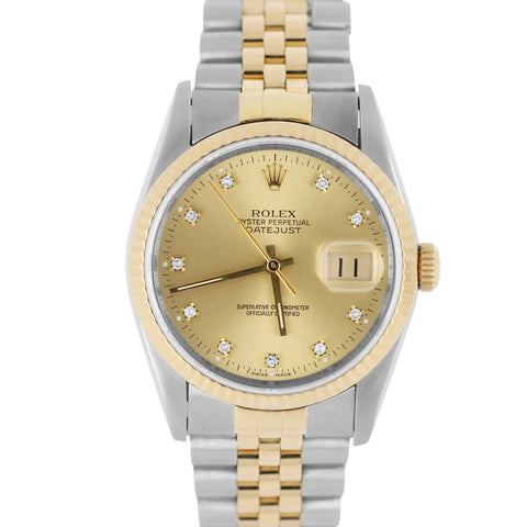 Rolex DateJust Two-Tone 18k Yellow Gold Steel Champagne DIAMOND 36mm 16233 Watch