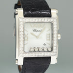 Ladies Chopard 18k White Gold Steel Square 35mm Happy Sport 8447 Floating Diamond Watch