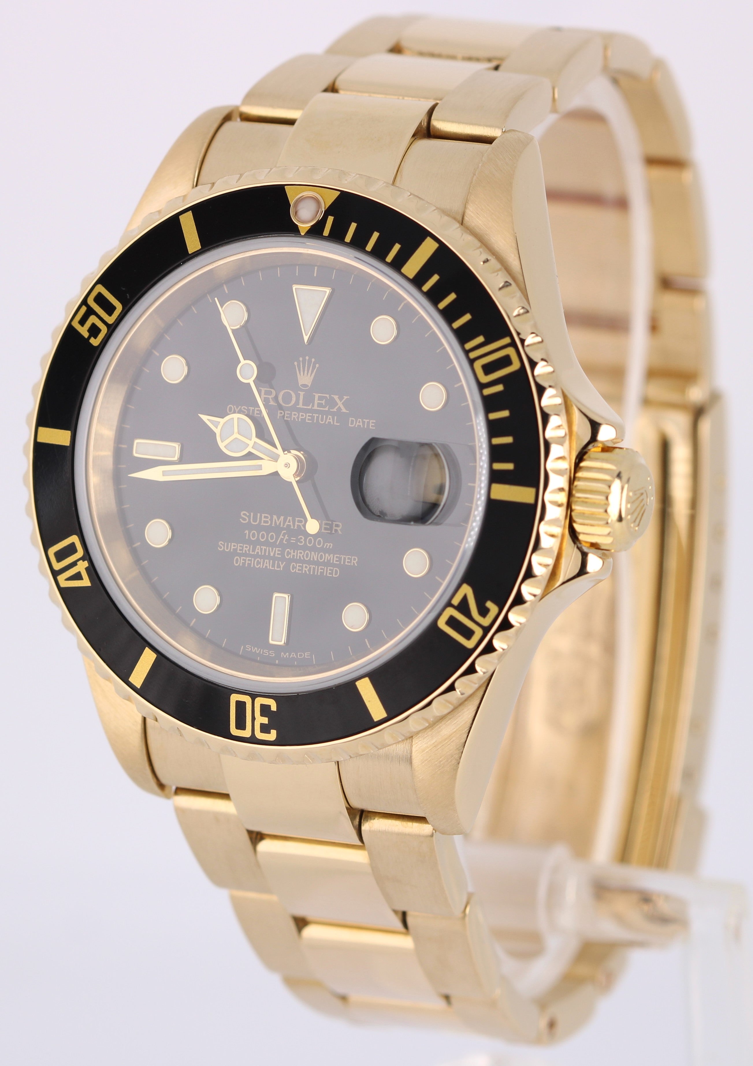 Rolex Submariner Date 18K Yellow Gold NO-HOLES Black 40mm 16618T Oyster Watch