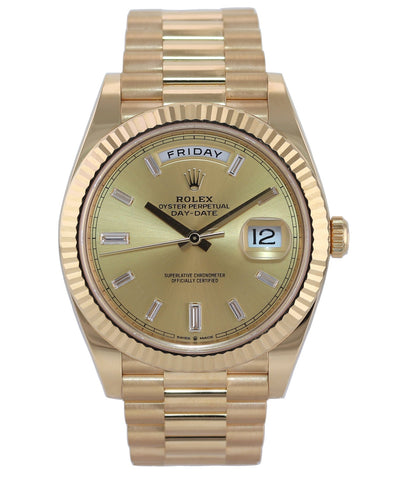 2020 Rolex Day-Date 40 President 228238 Champagne Baguette Diamond Gold Watch