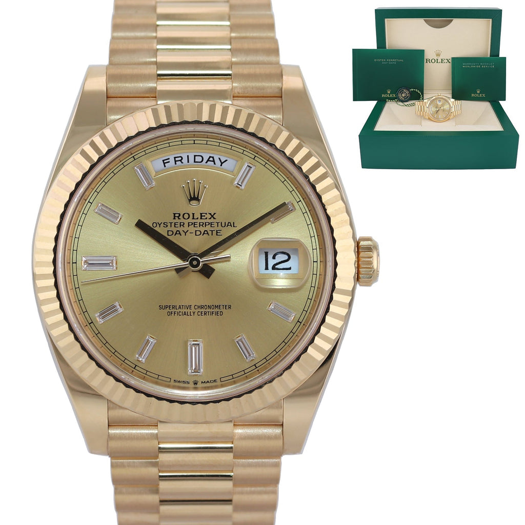 2022 MINT Rolex Day-Date 40 President 228238 Champagne Baguette Diamond Gold Watch