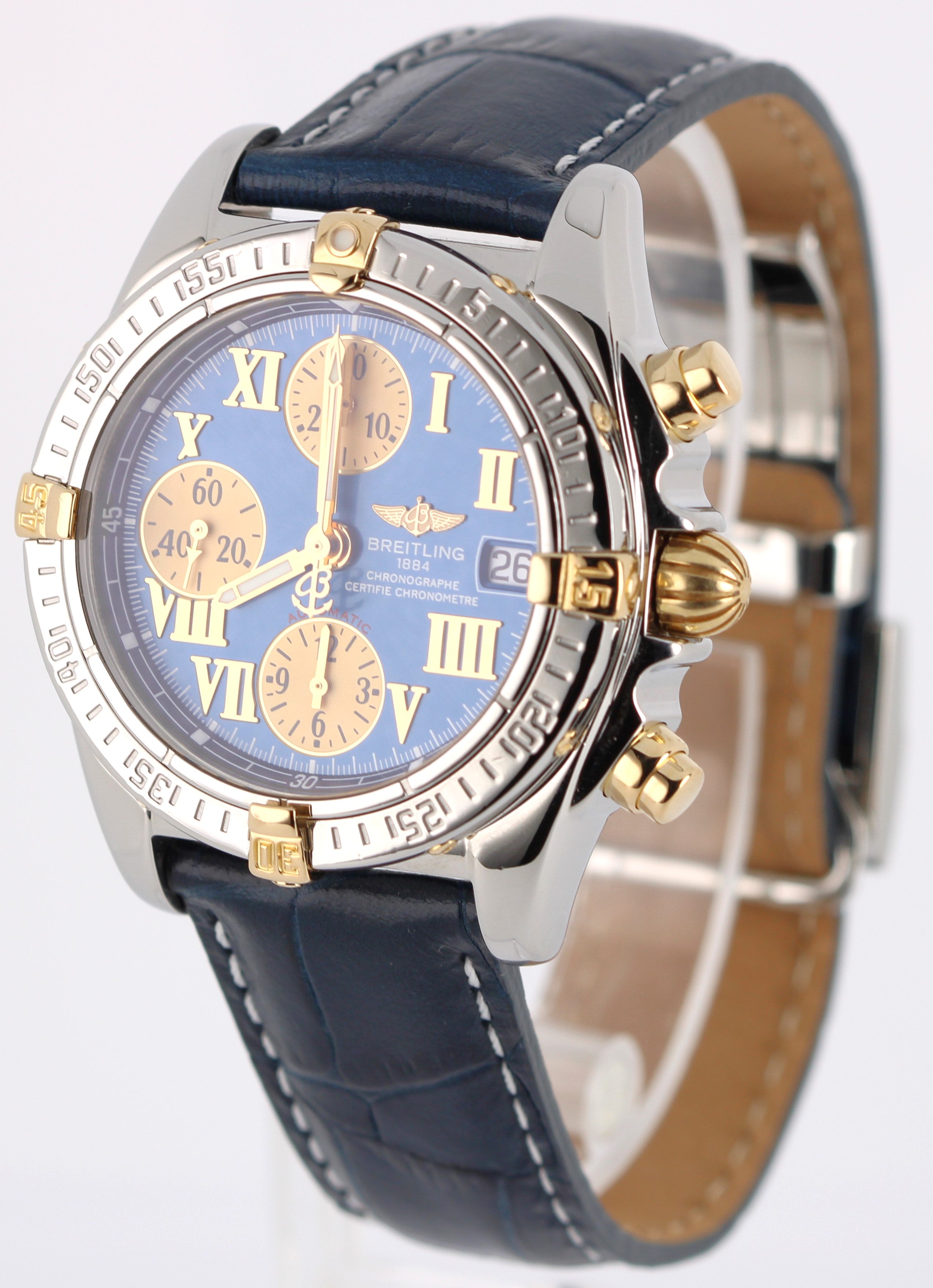 Breitling Chrono Cockpit Two-Tone 18k Gold Steel Blue Roman 39mm B13357 Watch