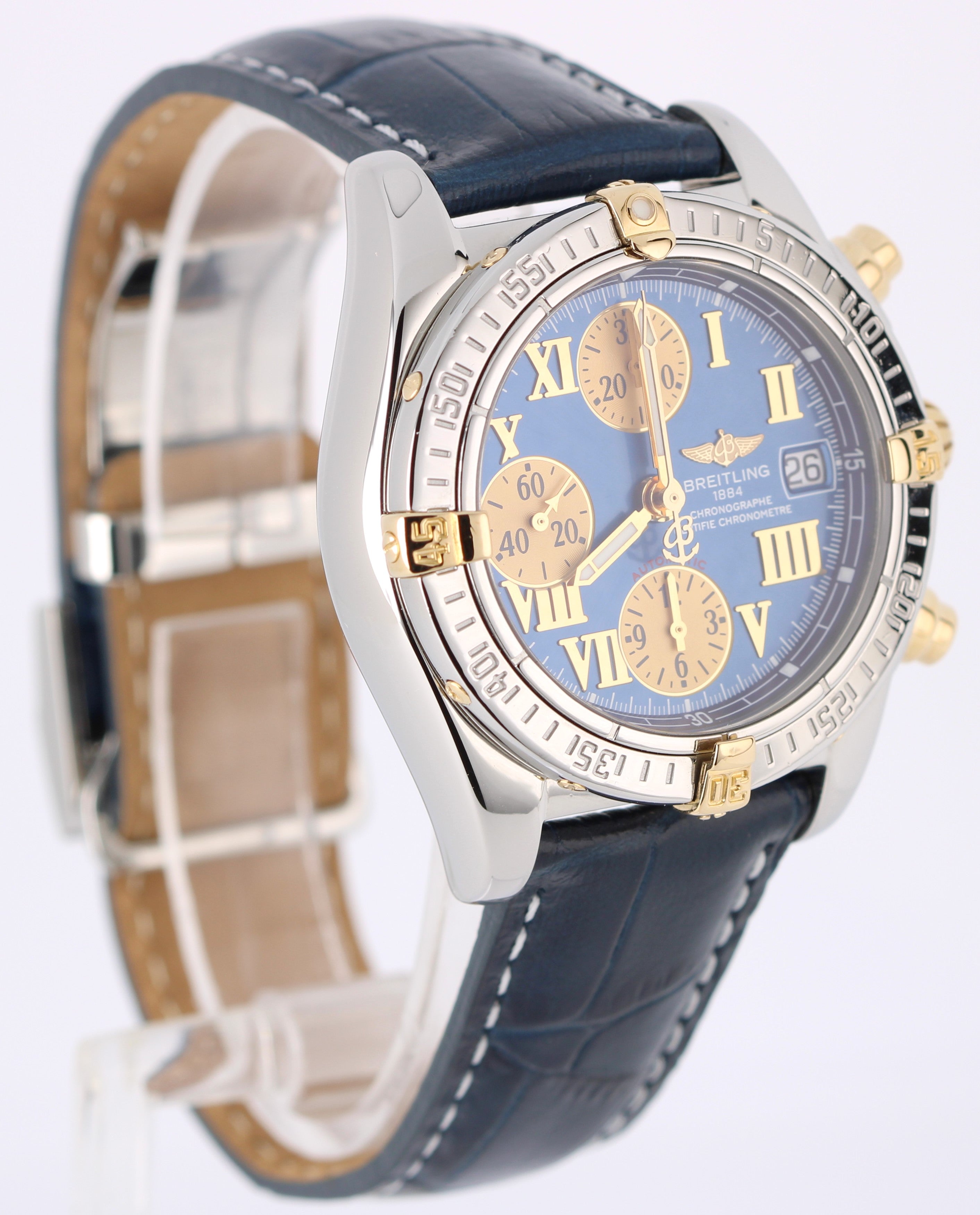 Breitling Chrono Cockpit Two-Tone 18k Gold Steel Blue Roman 39mm B13357 Watch