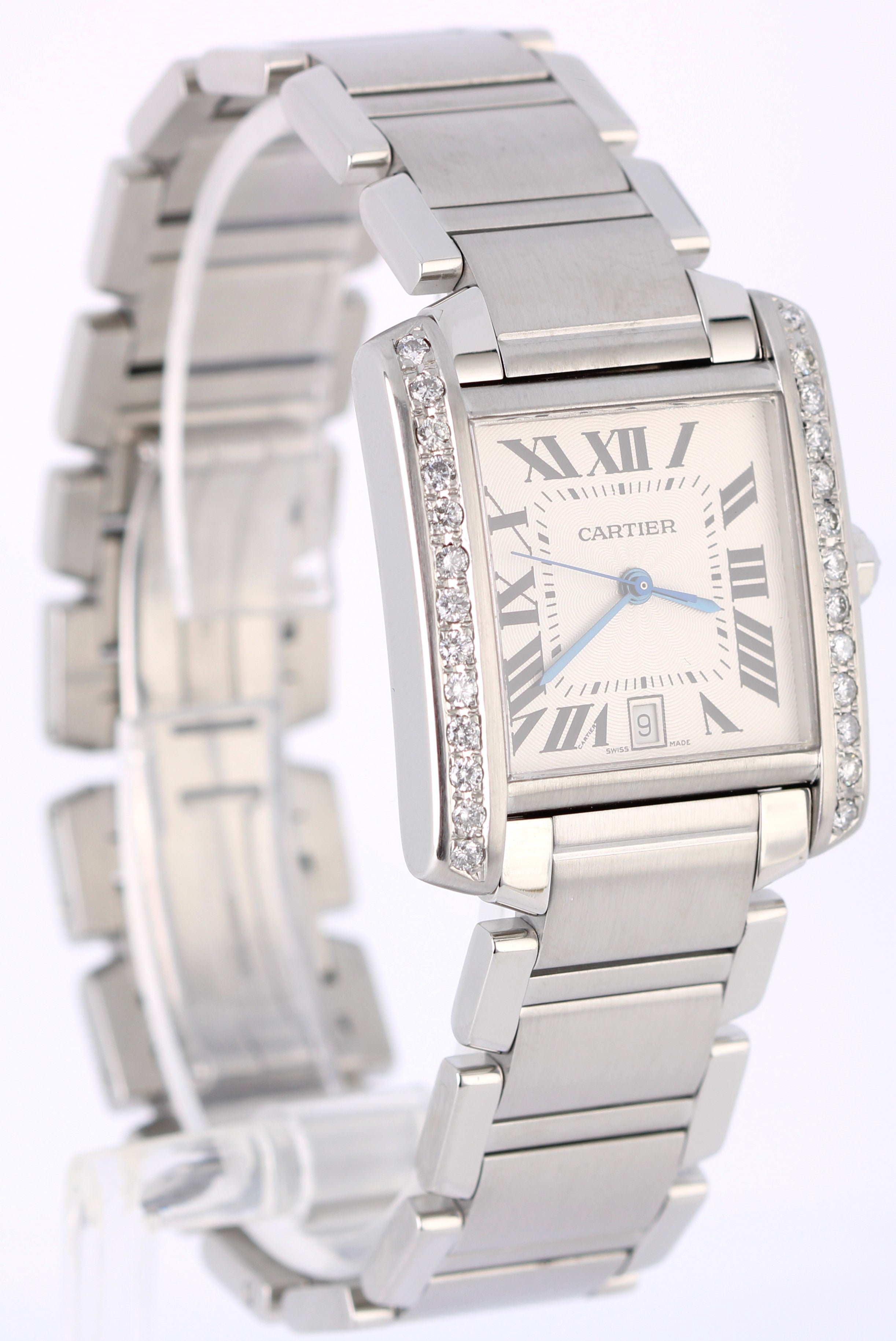 Cartier Tank Francaise Steel DIAMONDS White Guilloche 28mm 2302 Watch