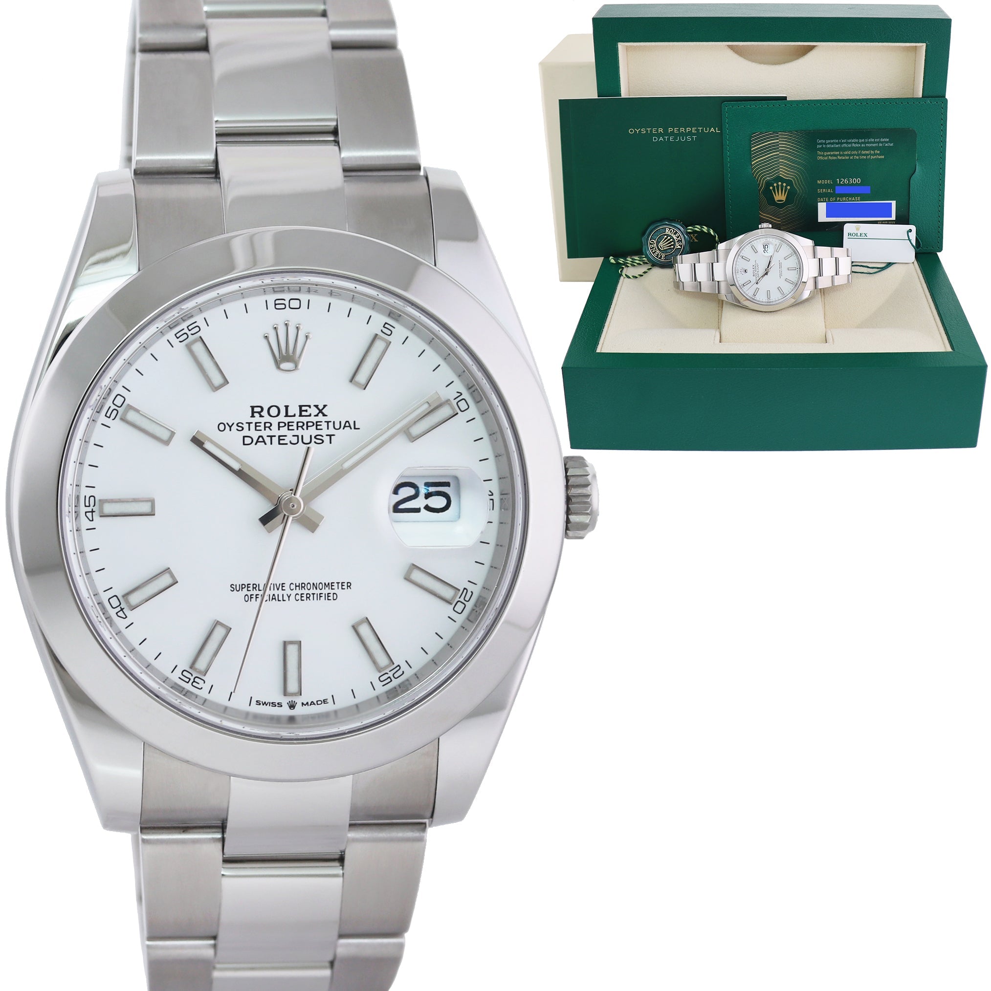 2022 NEW PAPERS Rolex DateJust 41mm 41 Steel 126300 White Stick Oyster Watch Box