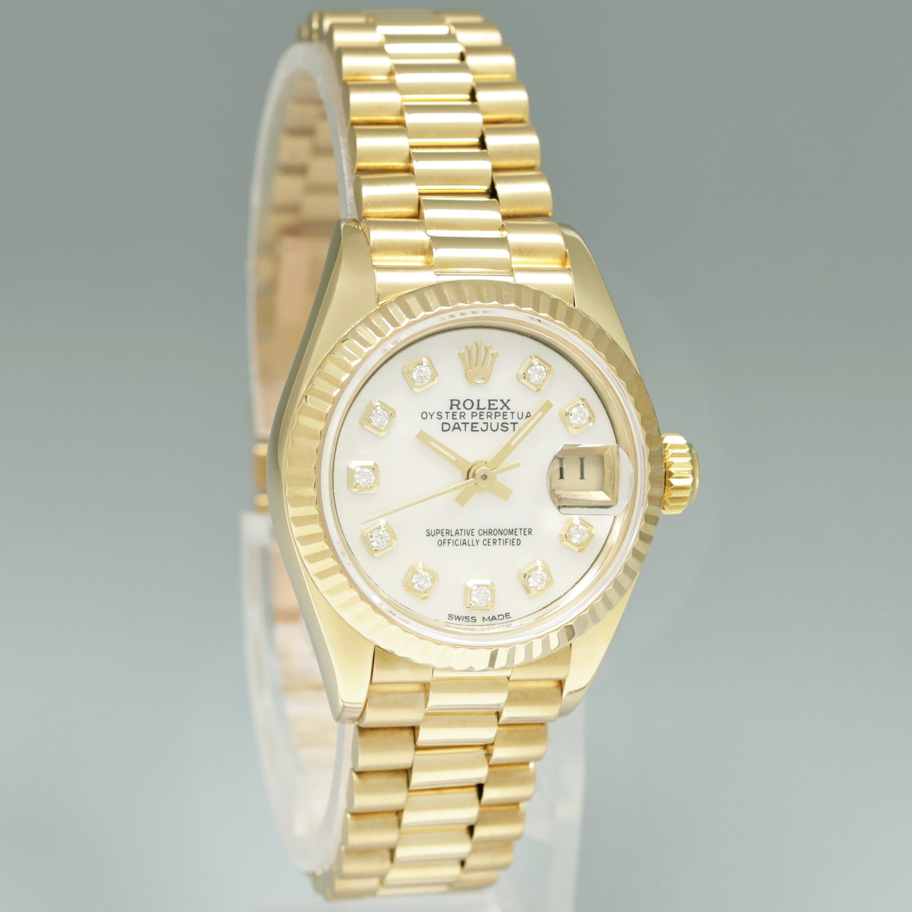 MINT Pearl Diamond Ladies Rolex DateJust President 26mm 69178 Yellow Gold Watch Box