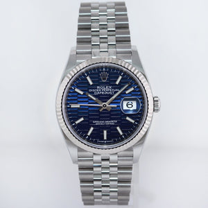 2023 NEW Rolex DateJust 36mm Blue Stick Motif 126234 Steel Jubilee White Gold Watch Box