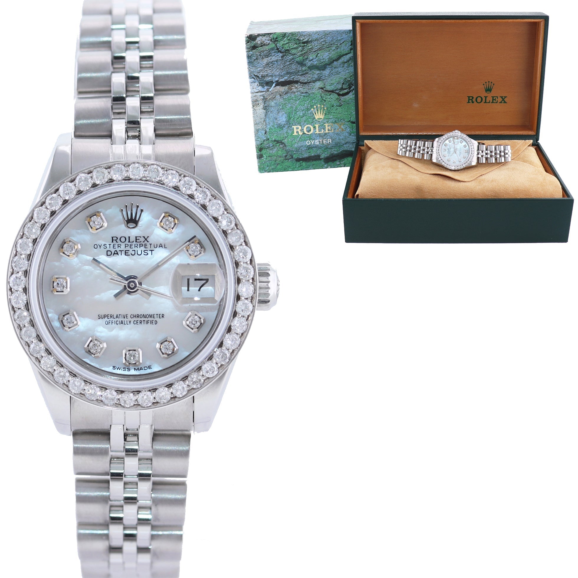 Ladies Rolex DateJust 26mm Pearl Diamond Bezel Steel Jubilee Watch 69174 Watch