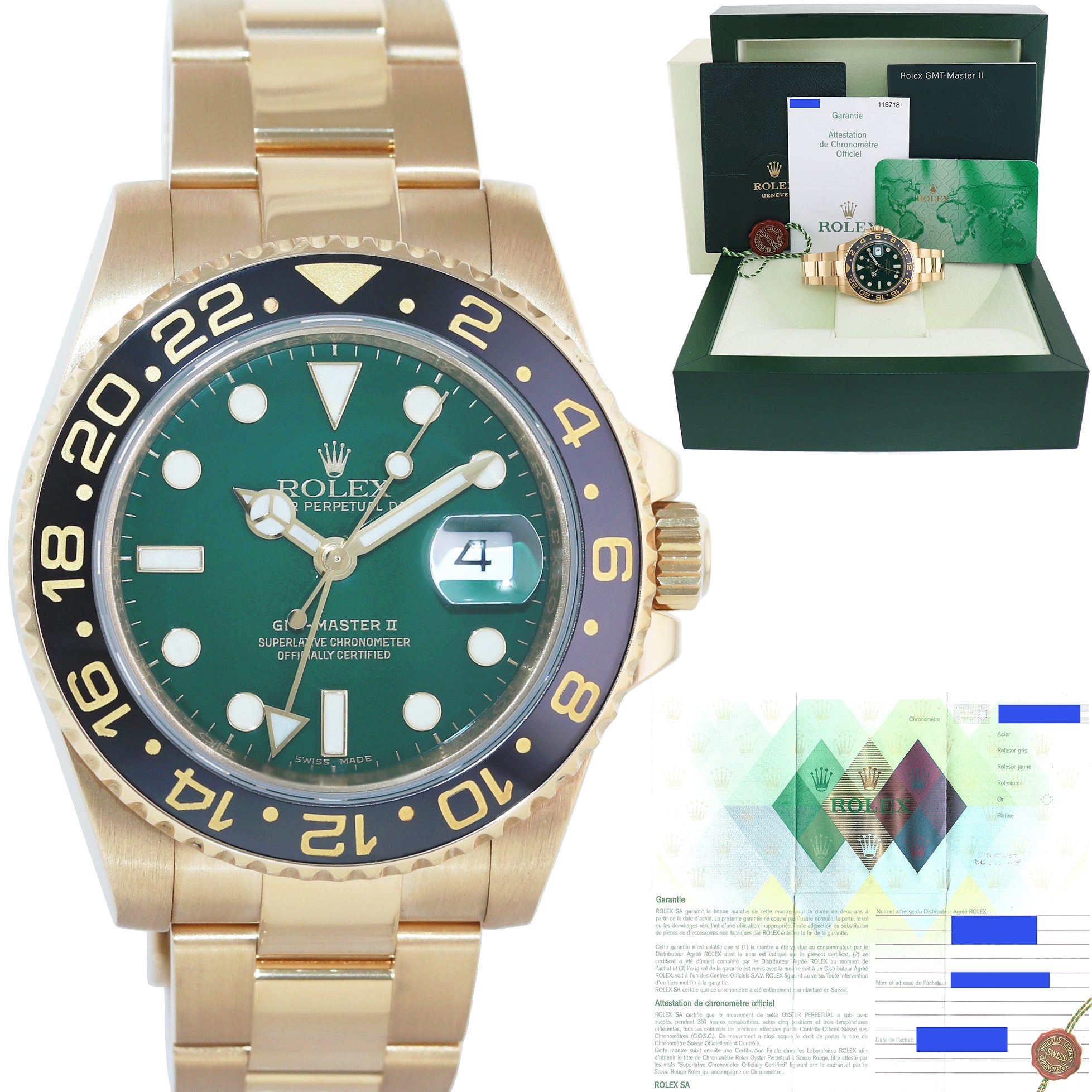 MINT PAPERS Rolex GMT-Master 2 Ceramic Green Dial 116718 Yellow Gold 40mm Watch