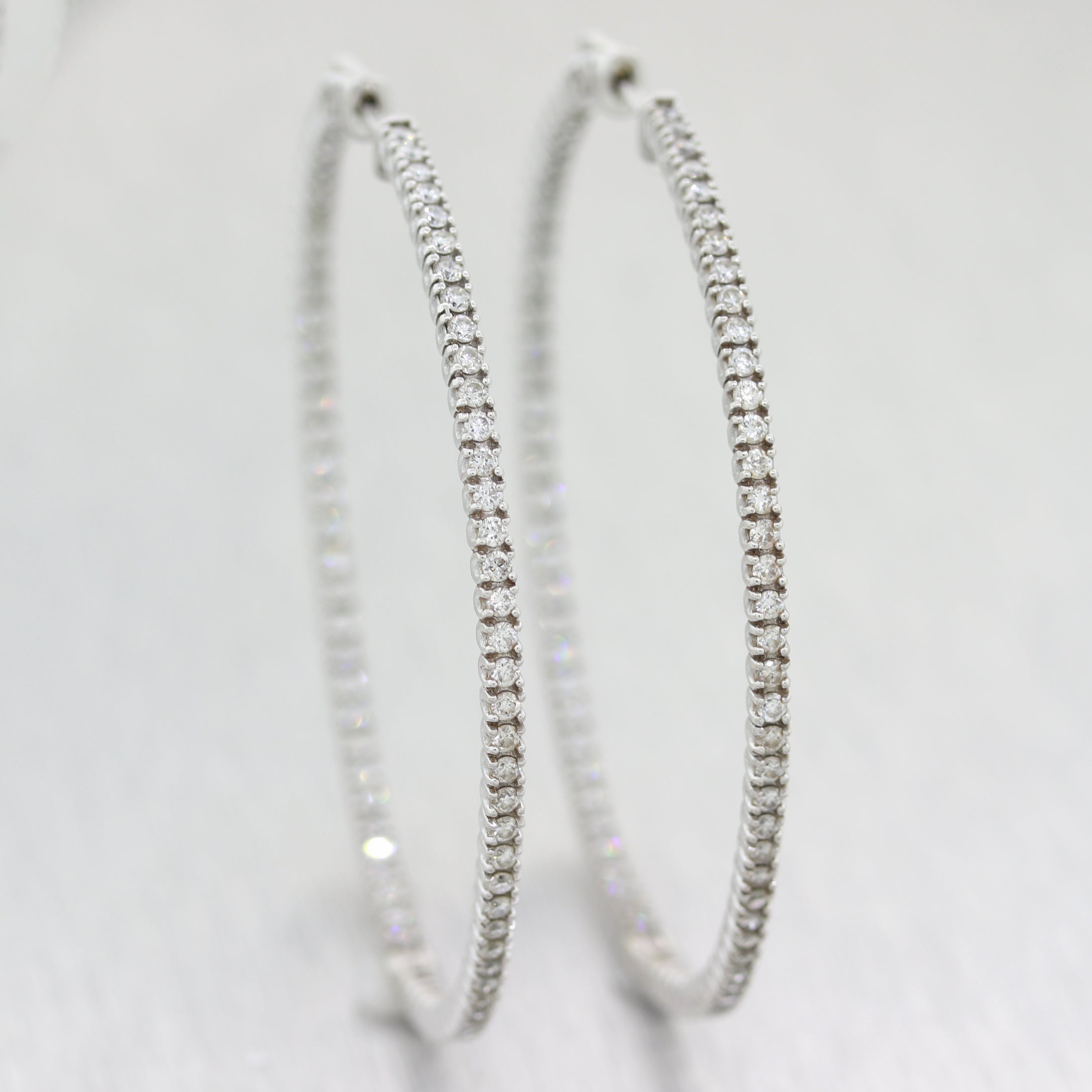 Modern 14k White Gold Extra Large 3ctw Diamond In & Out Hoop Earrings