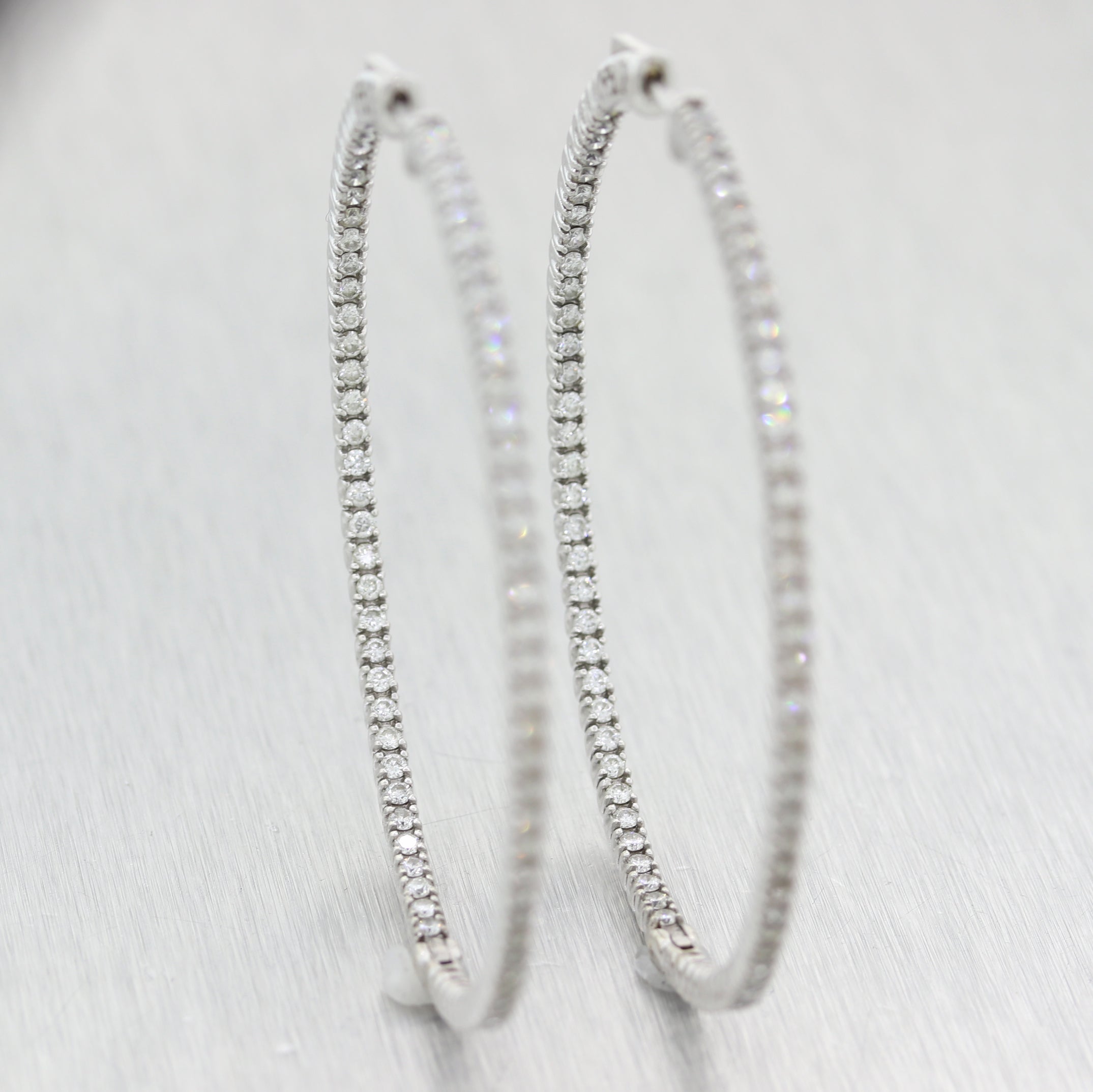 Modern 14k White Gold Extra Large 3ctw Diamond In & Out Hoop Earrings