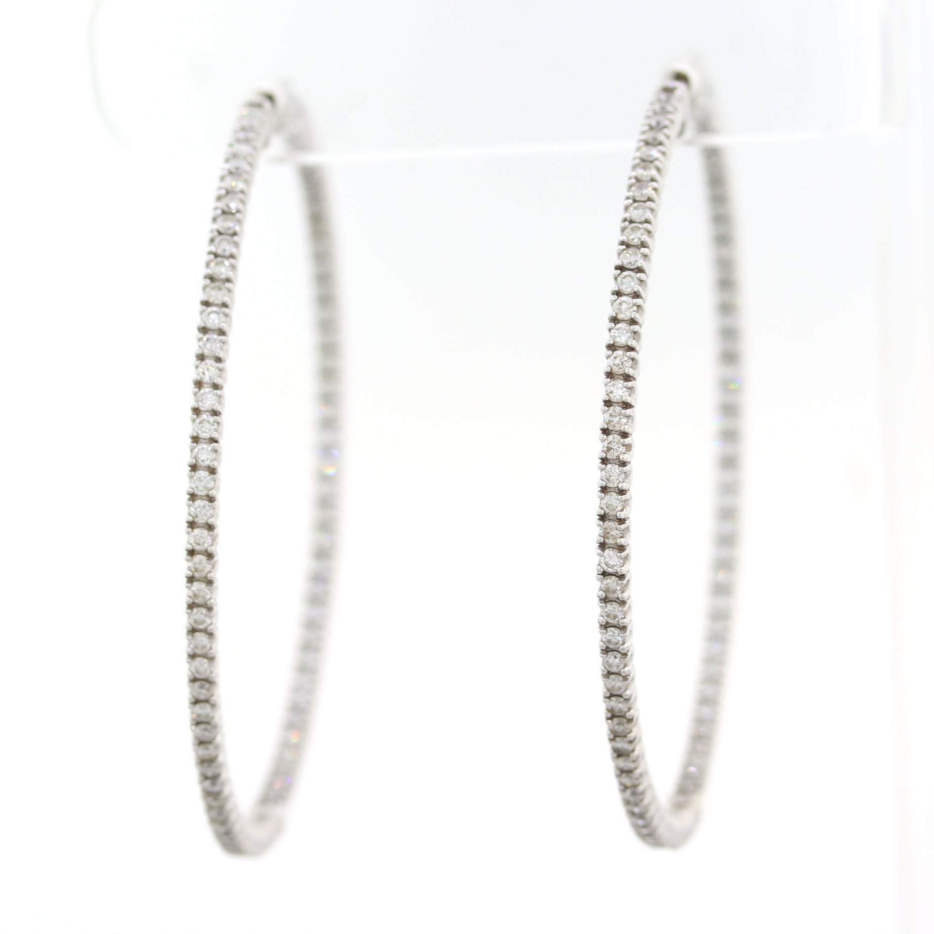 Modern 14k White Gold Extra Large 3ctw Diamond In & Out Hoop Earrings